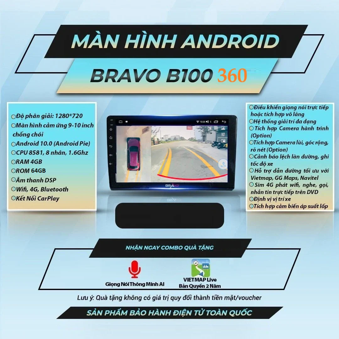  Bravo B100 Camera 360 9 inch 4GB 64GB Màn Hình Android 