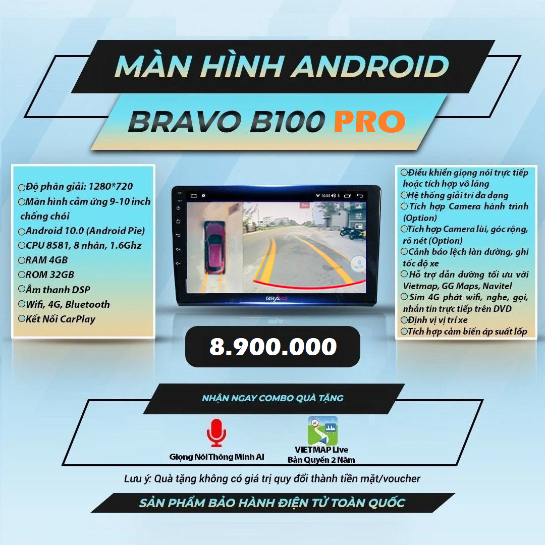 Bravo B100 Pro camera 360 9 inch 4GB 32GB Màn Hình Android 