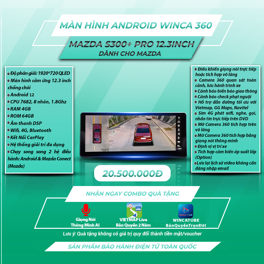  Mazda Winca S300 Pro 360 Qled 2K 12.3 inch 4GB 64GB Màn Hình Android 