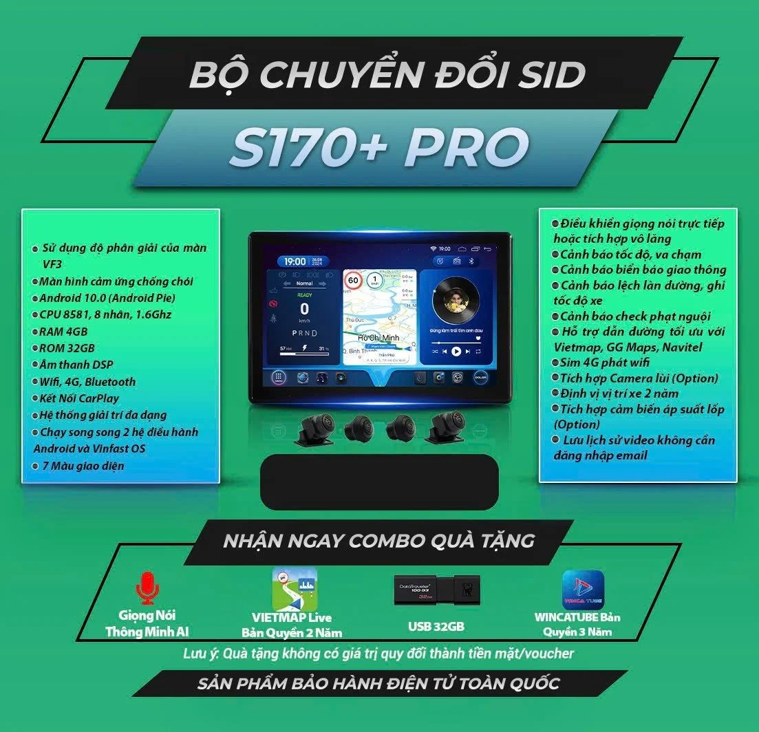  SID S170 Pro Bộ Chuyển Đổi Màn Hình Xe Vinfast VF3 & Limo Green 