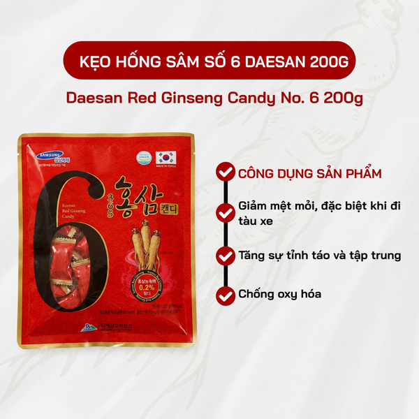  Kẹo Hồng Sâm Số 6 Daesan 200g – Ngọt Dịu, Thơm Nhẹ, Dễ Ăn 