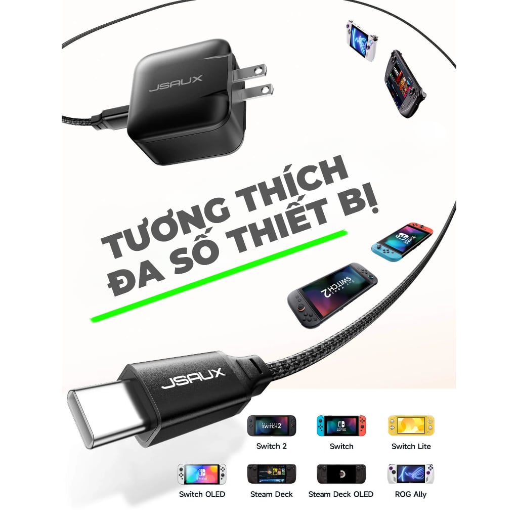 Củ Sạc Jsaux 65W cho Nintendo Switch 2/ Steam Deck/ Asus Rog Ally 