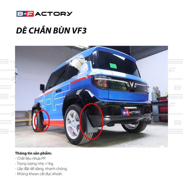 CHẮN BÙN VF3, DÈ CHẮN BÙN XE VINFAST VF3 CHÍNH HÃNG LOẠI DÀY, TỰ LẮP TRƯỚC SAU B-FACTORY