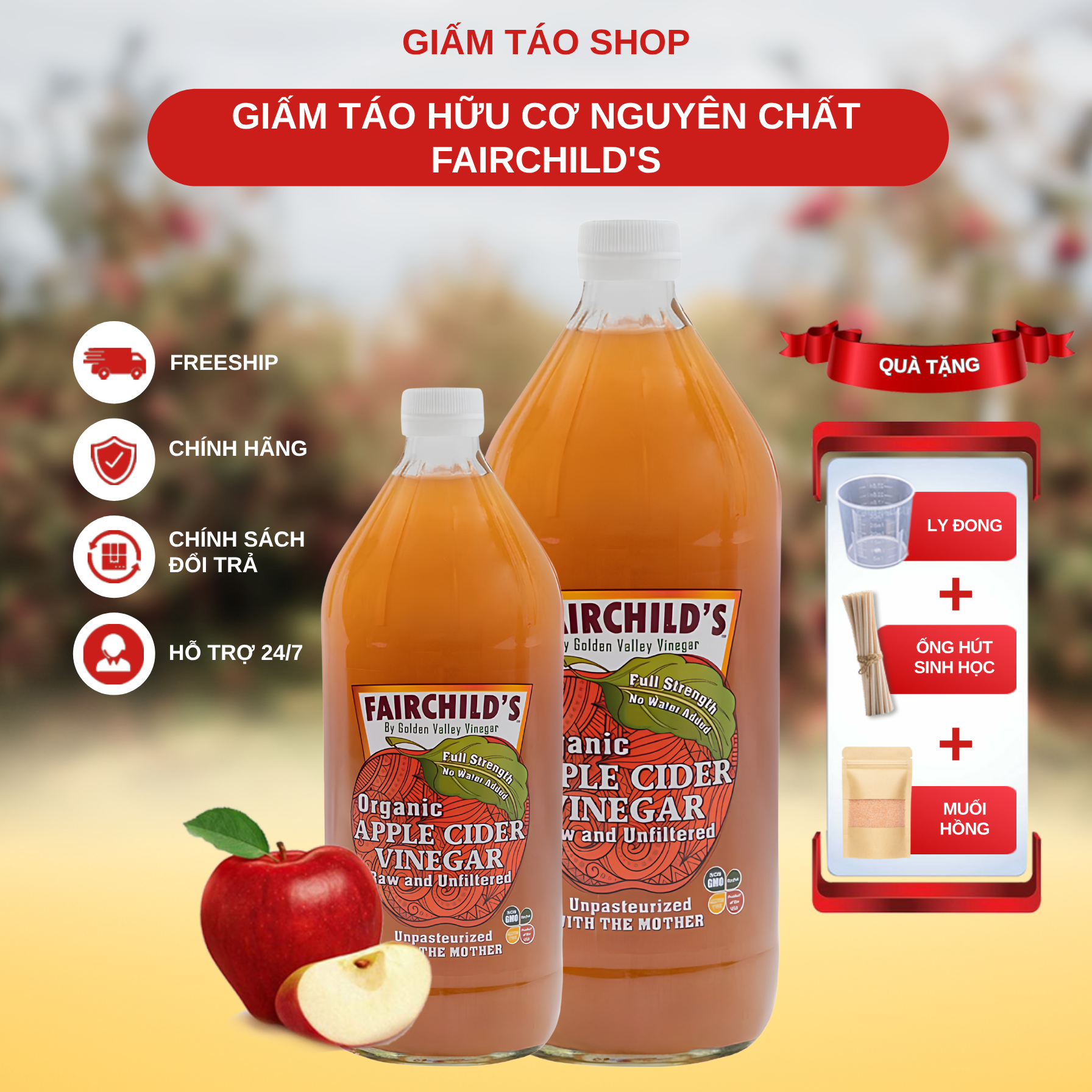  Giấm táo Hữu cơ Nguyên chất FairChild's (Mỹ) 