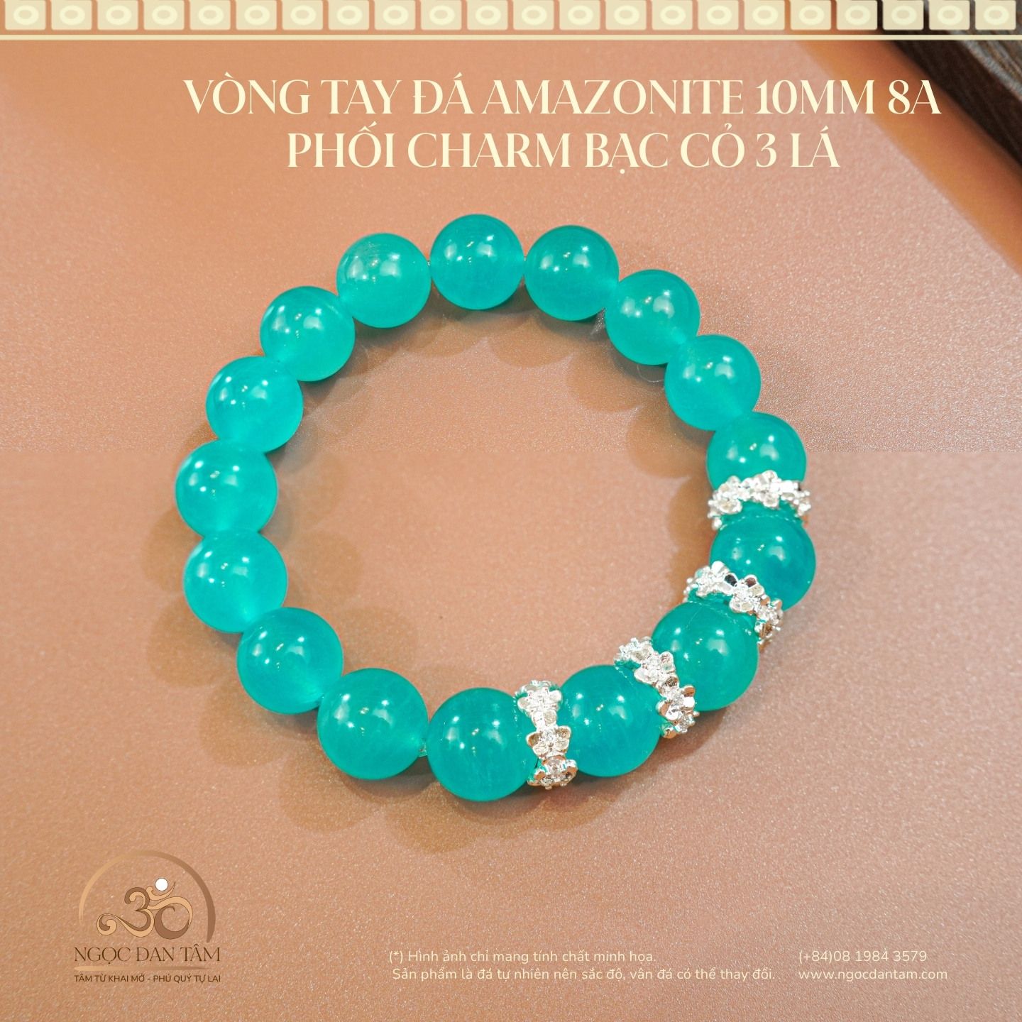  Vòng Tay Đá Amazonite 10mm 8A Phối Charm Cỏ 3 Lá 