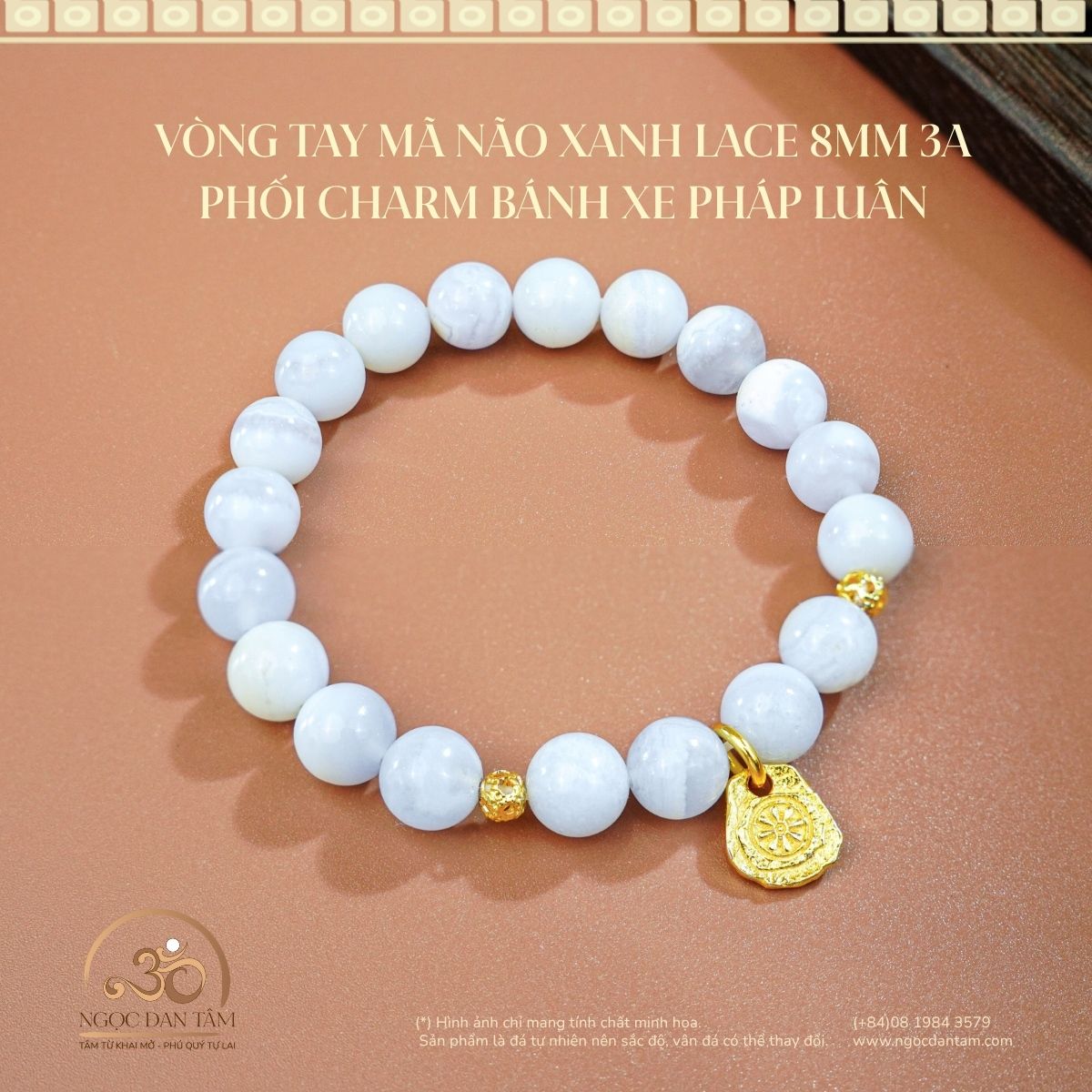  Vòng Tay Mã Não Xanh Lace 8mm 3A Phối Charm Bánh Xe Pháp Luân 