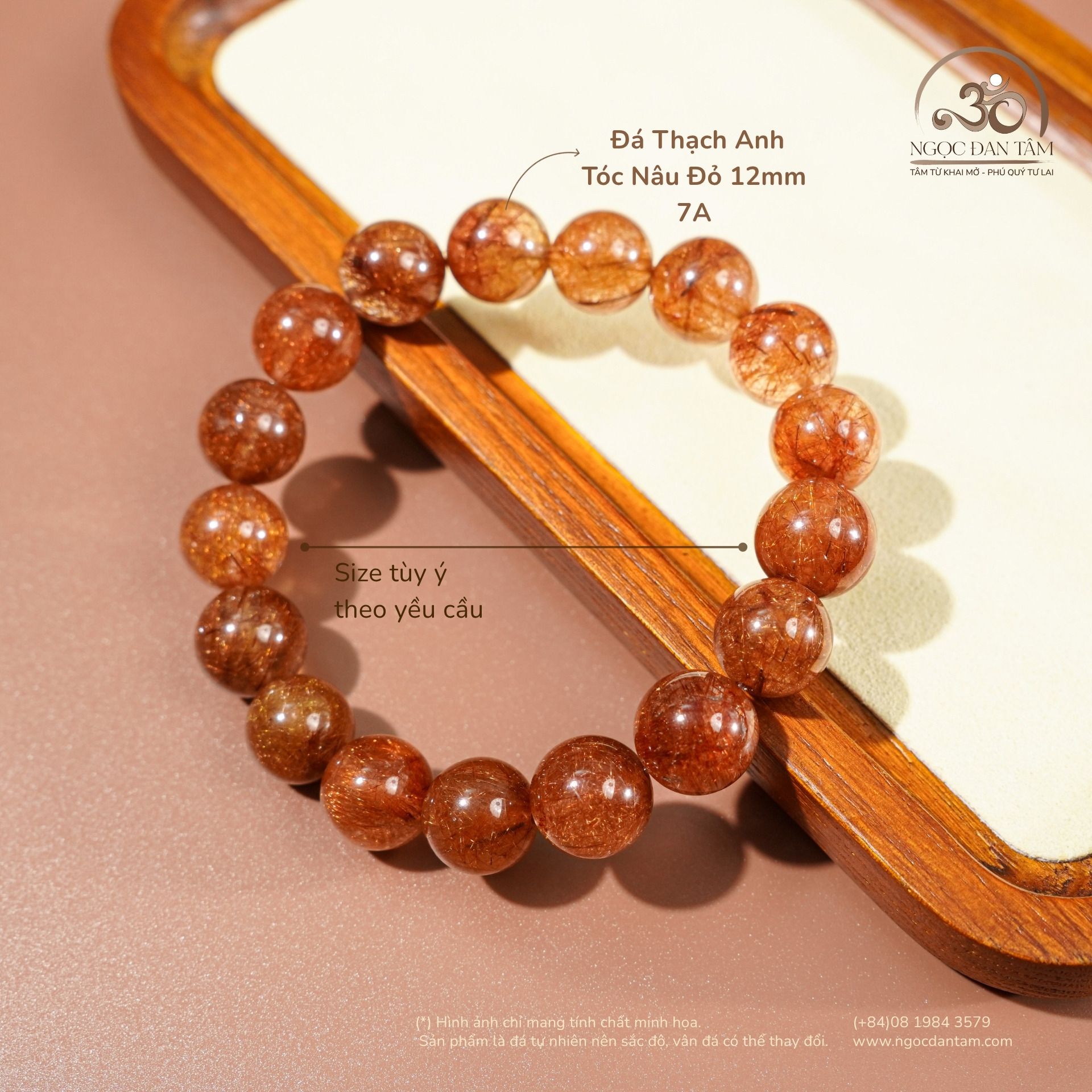  Vòng Tay Đá Thạch Anh Tóc Nâu Đỏ 12mm 7A 