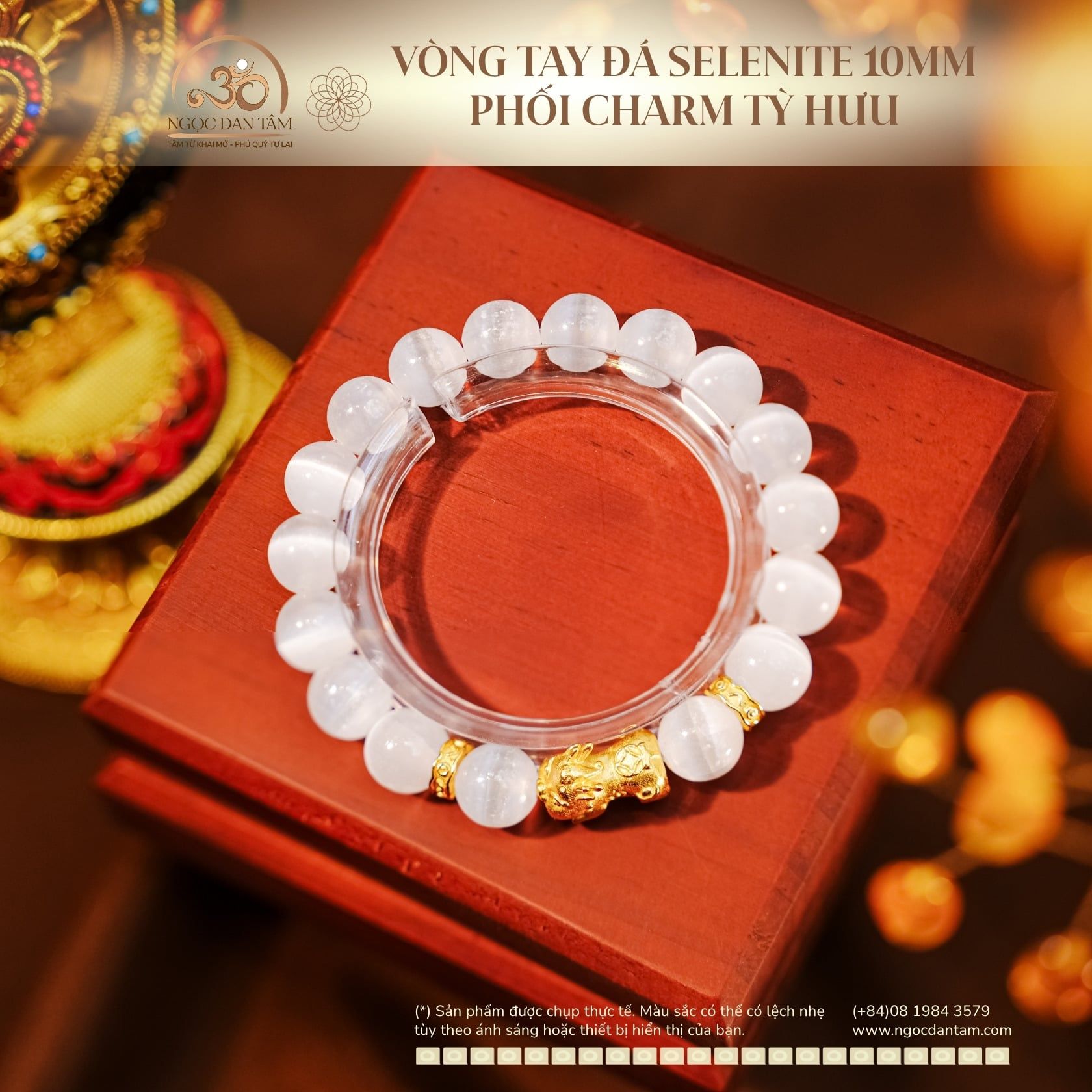  Vòng Tay Đá Selenite 10mm 2A Phối Charm Tỳ Hưu 