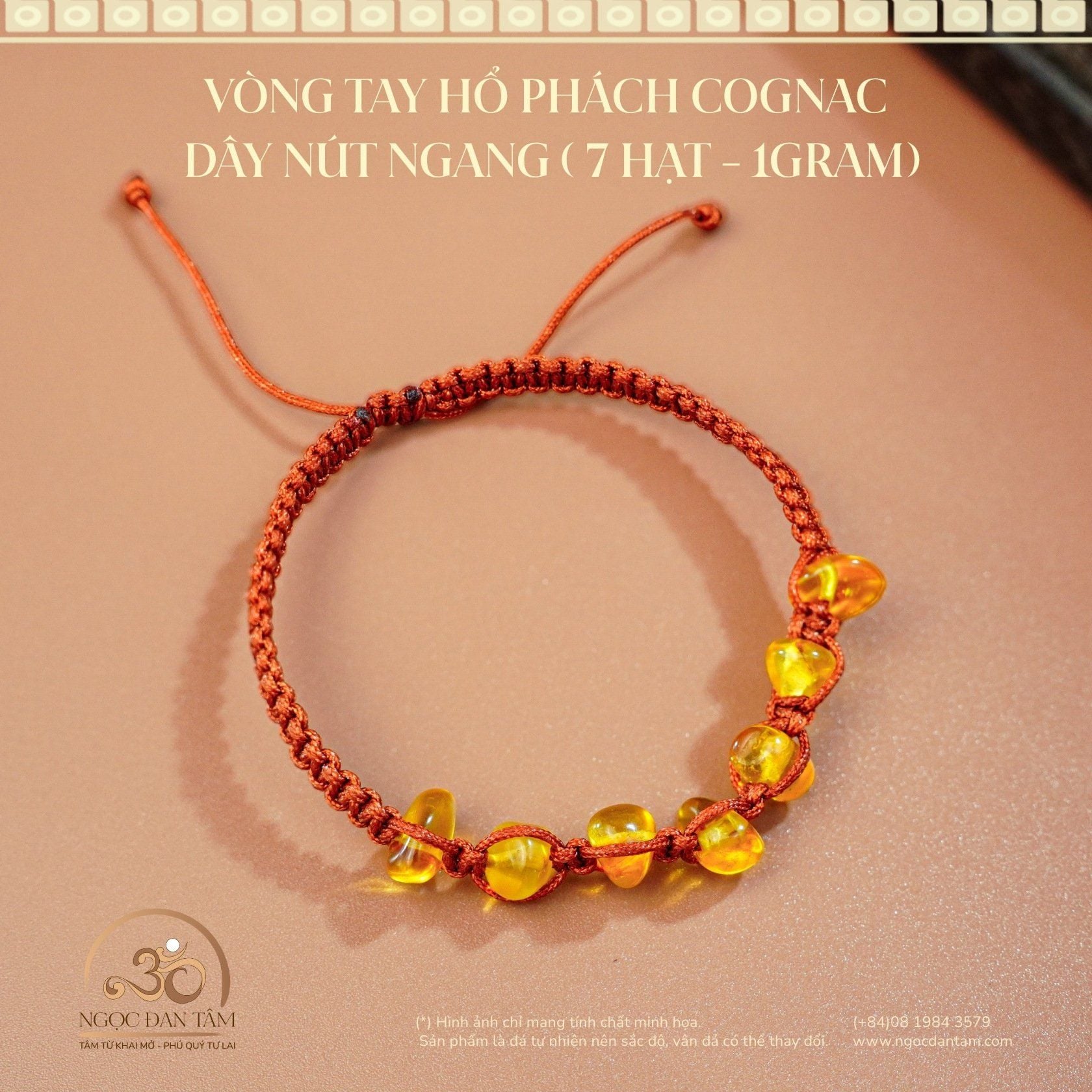  Vòng Tay Hổ Phách Cognac Dây Nút Ngang (7 Hạt) 