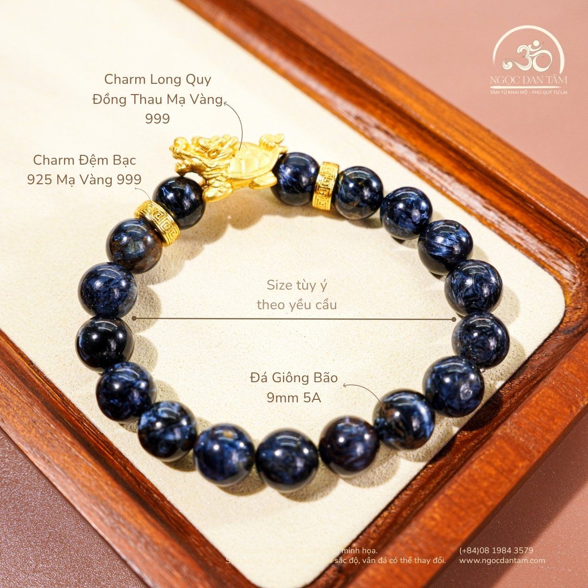  Vòng Tay Đá Giông Bão 9mm 5A Phối Charm Long Quy 