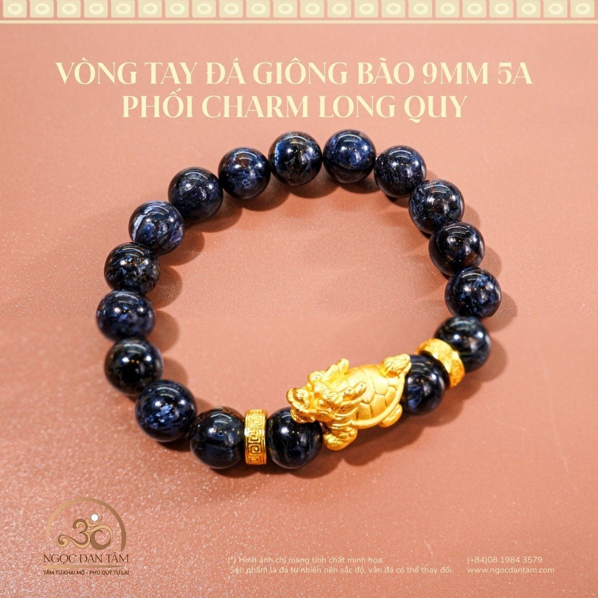  Vòng Tay Đá Giông Bão 9mm 5A Phối Charm Long Quy 