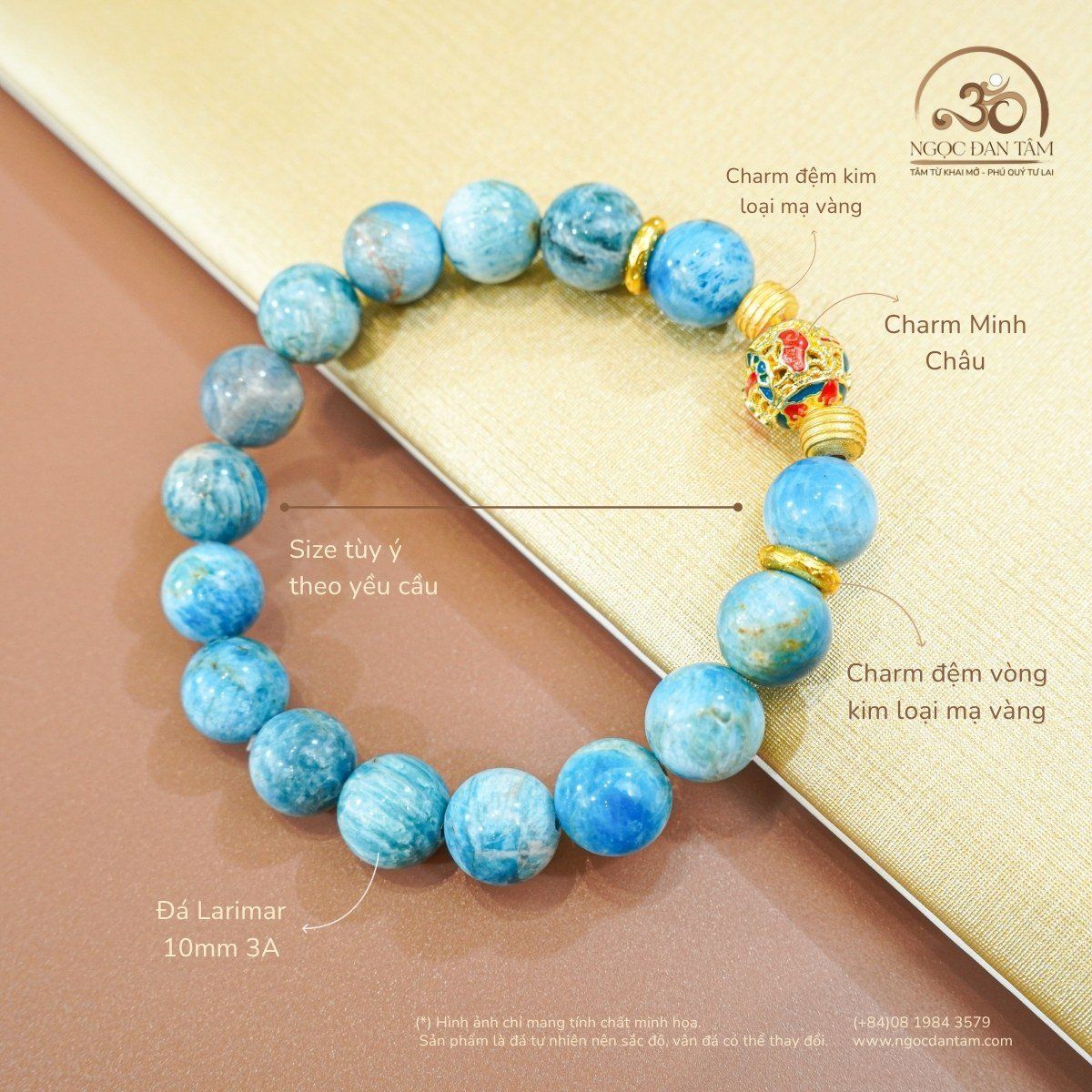  Vòng Tay Đá Larimar 10mm 3A Phối Charm Minh Châu 