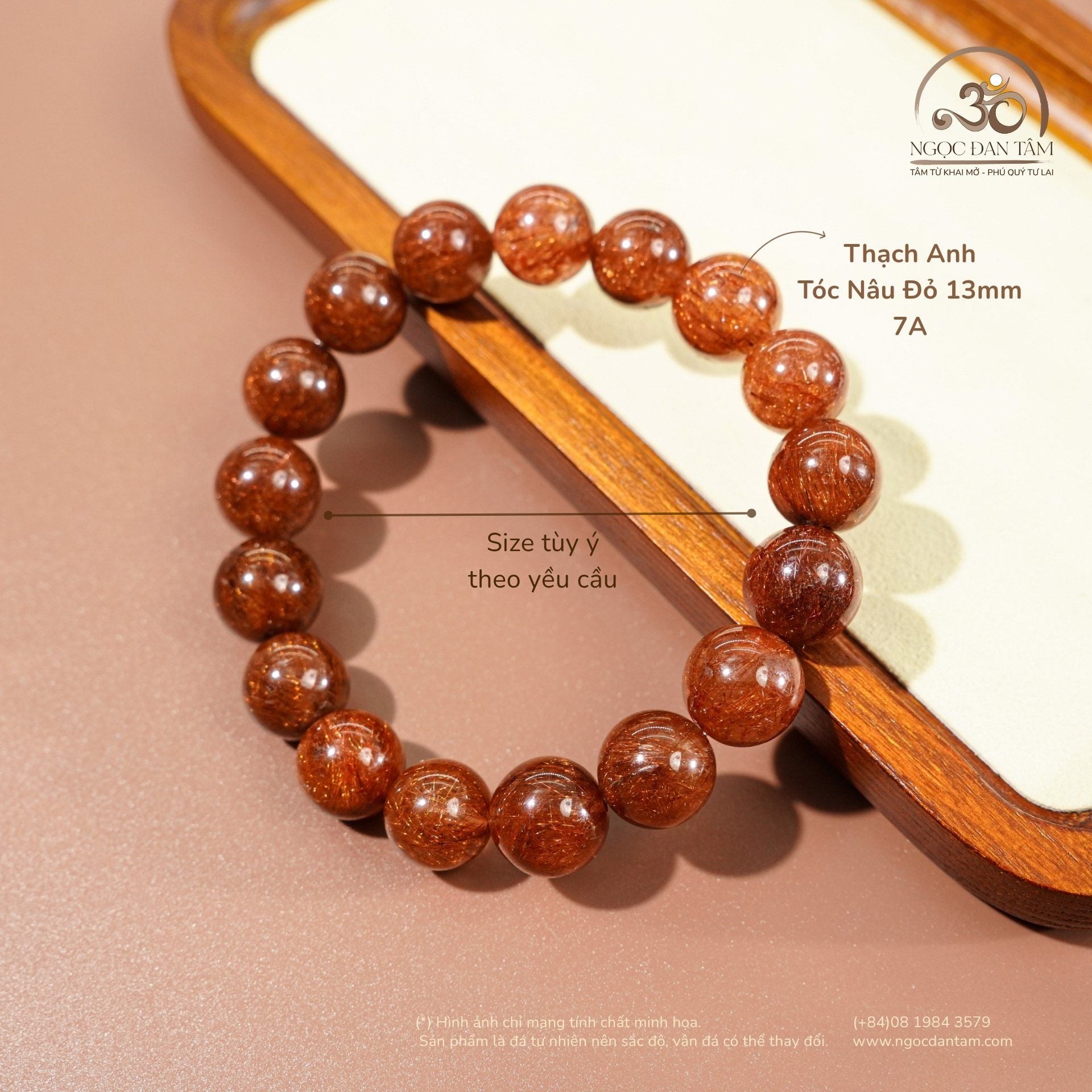  Vòng Tay Thạch Anh Tóc Nâu Đỏ 13mm 7A 