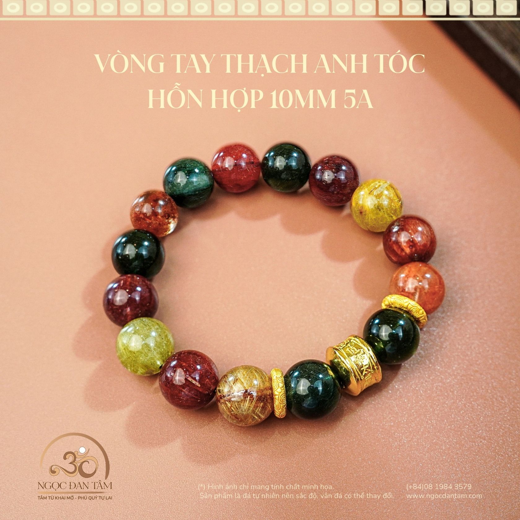  Vòng Tay Thạch Anh Tóc Hỗn Hợp 10mm 5A Phối Charm 