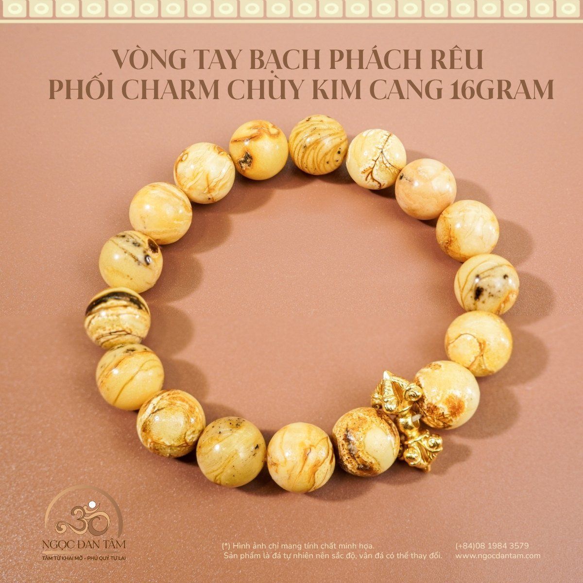  Vòng Tay Bạch Phách Rêu Phối Charm Chùy Kim Cang 16gram 