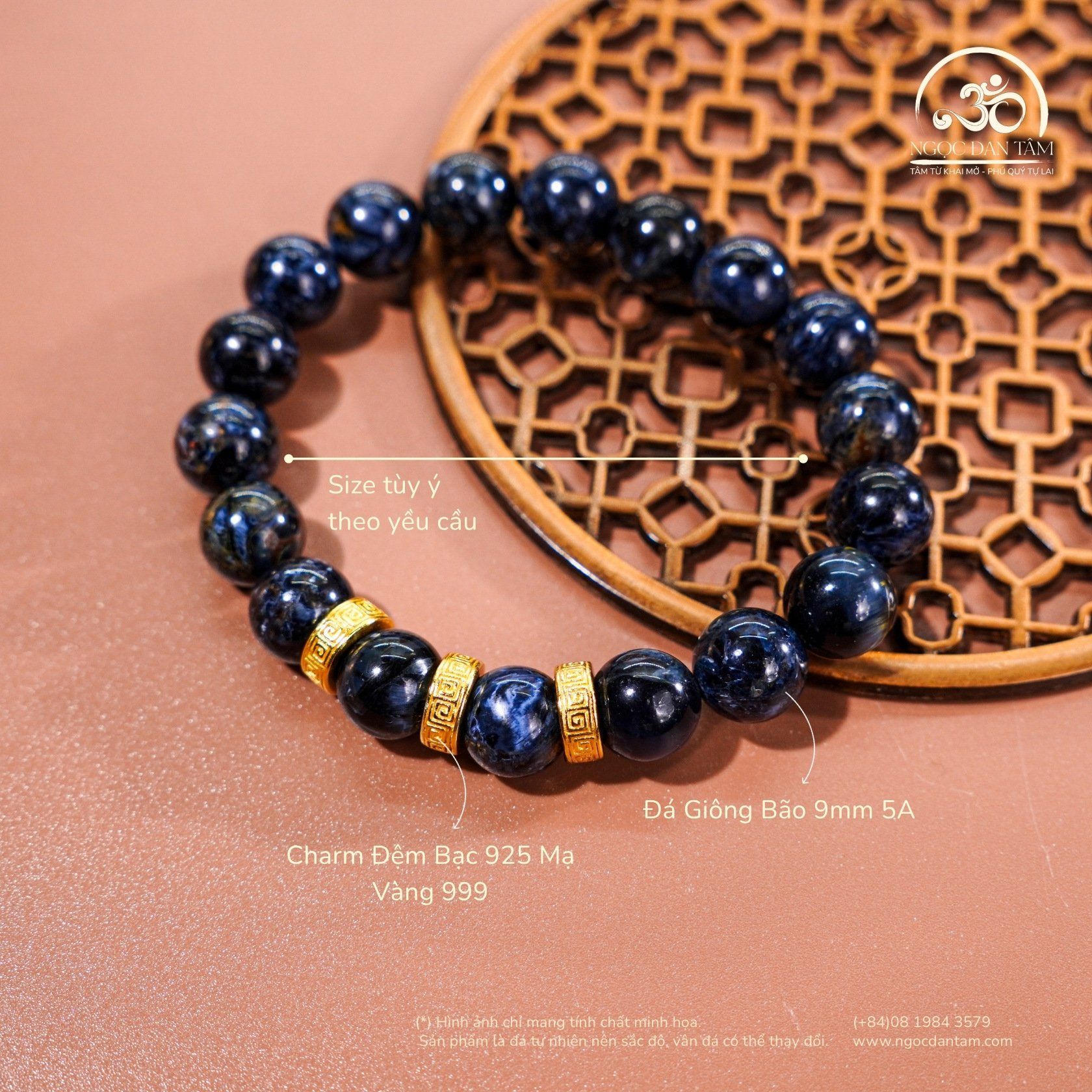  Vòng Tay Đá Giông Bão 9mm 5A Phối Charm Bạc Mạ Vàng 