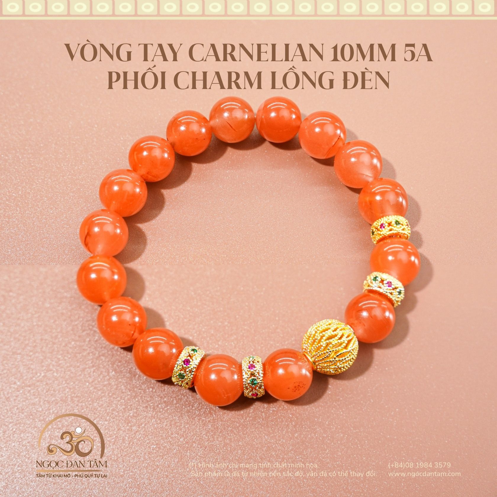  Vòng Tay Carnelian VIP 10mm 5A Phối Charm Lồng Đèn 