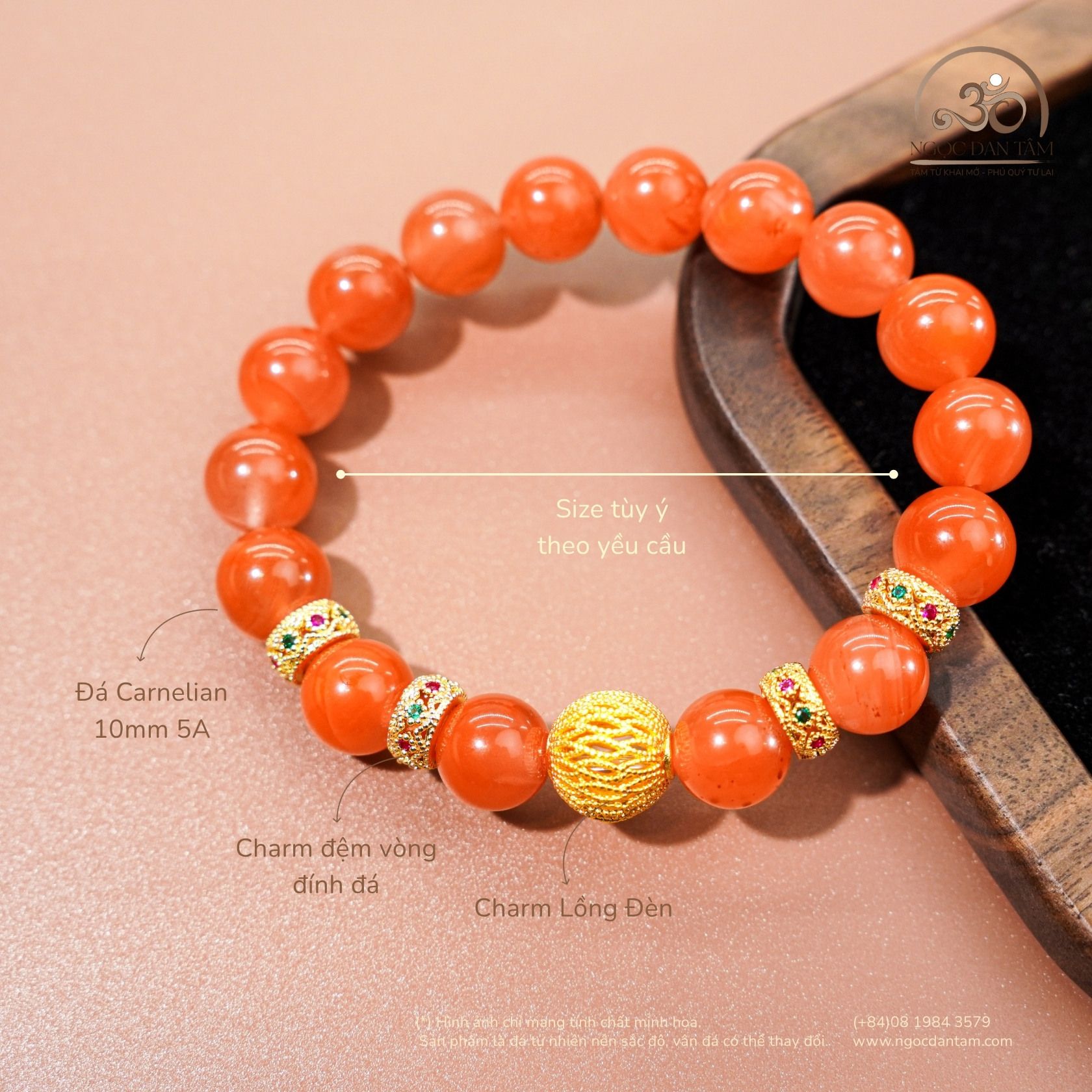  Vòng Tay Carnelian VIP 10mm 5A Phối Charm Lồng Đèn 