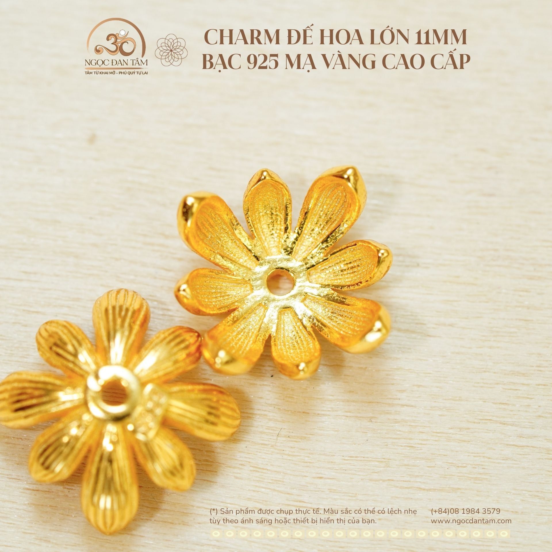  Charm Đế Hoa Lớn 11mm -  Bạc 925 Mạ Vàng Cao Cấp 