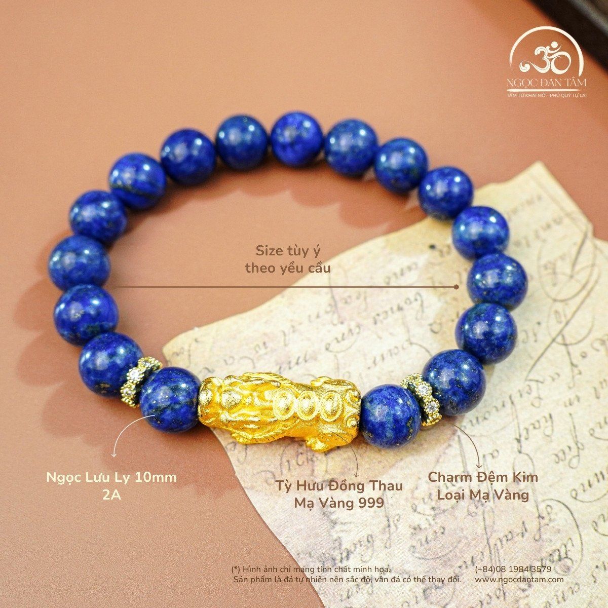  Vòng Tay Ngọc Lưu Ly 10mm 2A Phối Charm Tỳ Hưu 