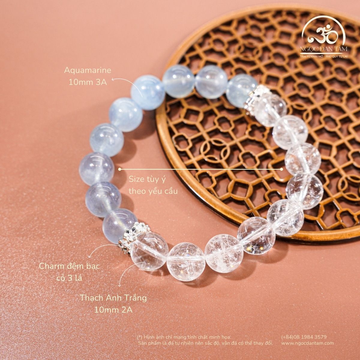  Vòng tay Liên Thủy (Aquamarine 10mm 3A & Thạch Anh Trắng 10mm 2A) 