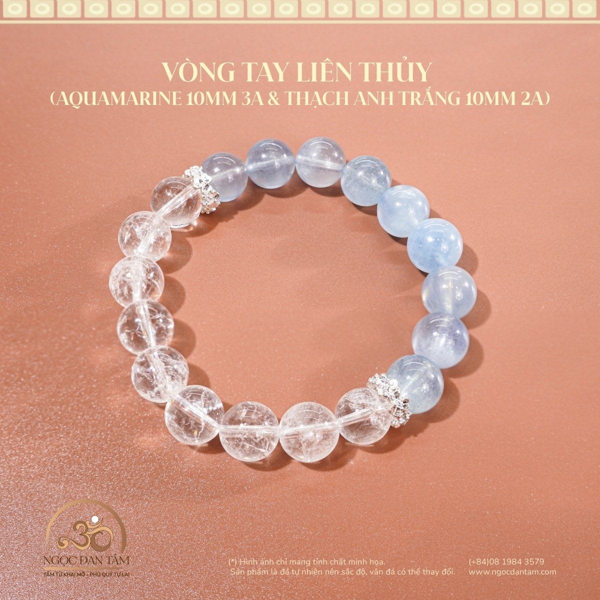  Vòng tay Liên Thủy (Aquamarine 10mm 3A & Thạch Anh Trắng 10mm 2A) 