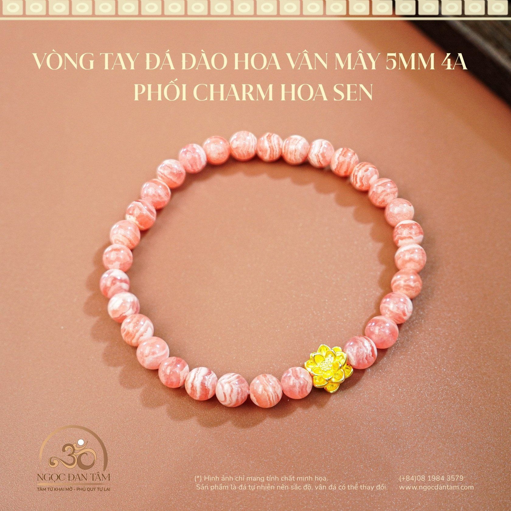  Vòng Tay Đá Đào Hoa Vân Mây 5mm 4A Phối Charm Hoa Sen 