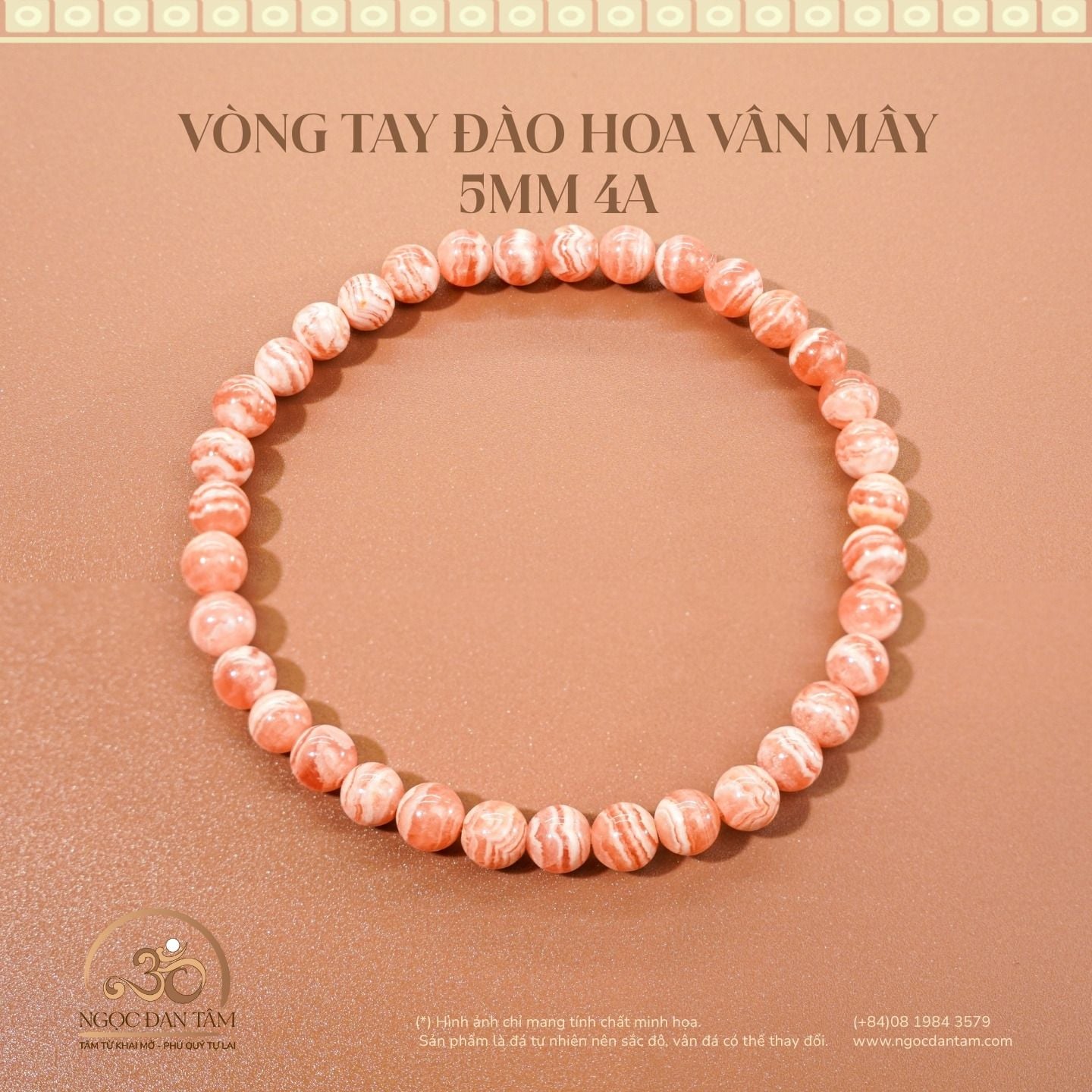  Vòng Tay Đá Đào Hoa Vân Mây 5mm 4A 