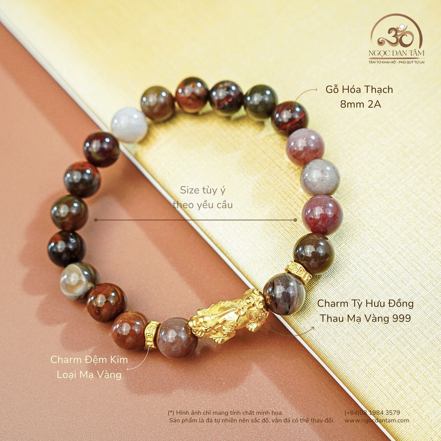  Vòng Tay Gỗ Hóa Thạch 8mm 2A Phối Charm Tỳ Hưu 