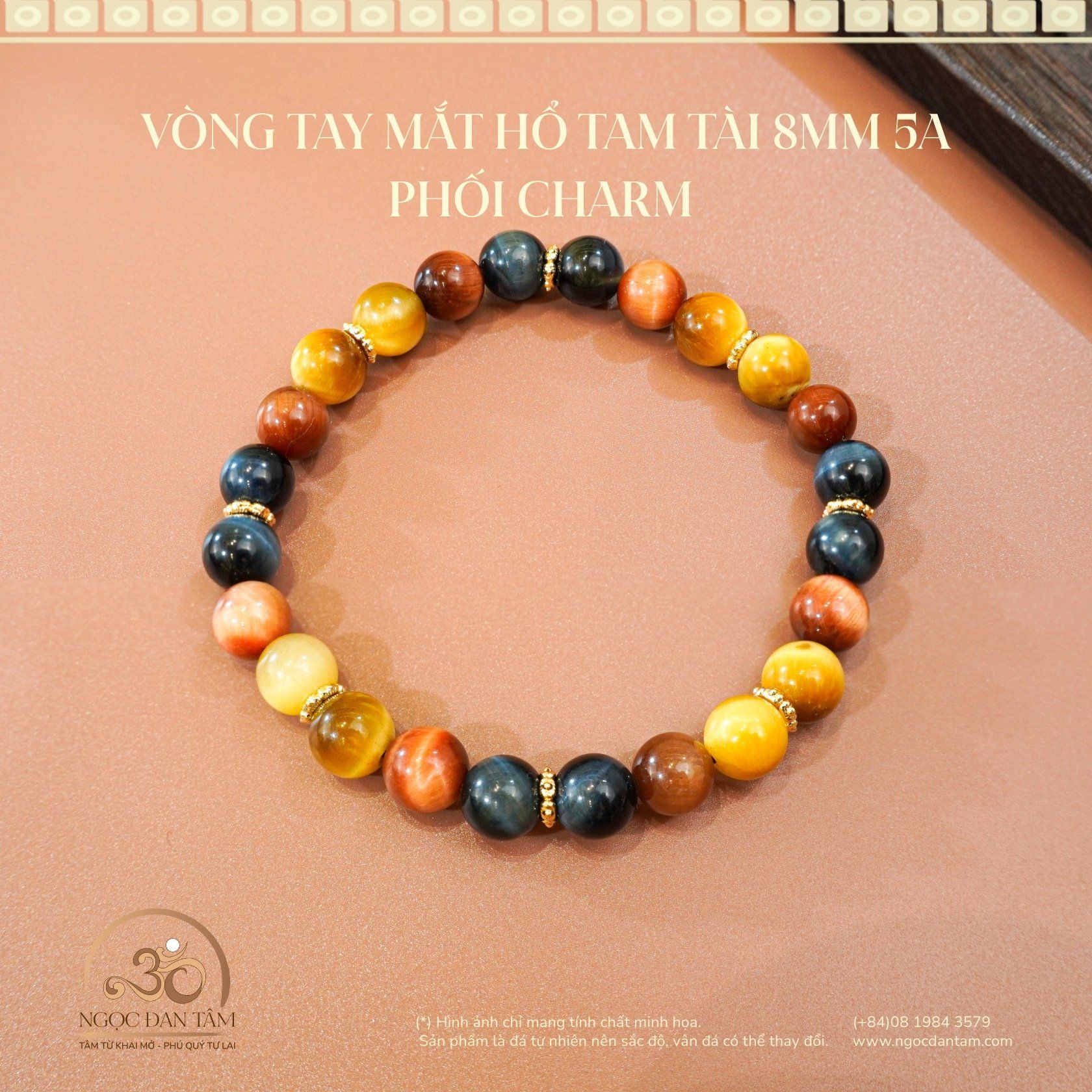  Vòng Tay Đá Mắt Hổ Tam Tài 8mm 5A Phối Charm (1) 