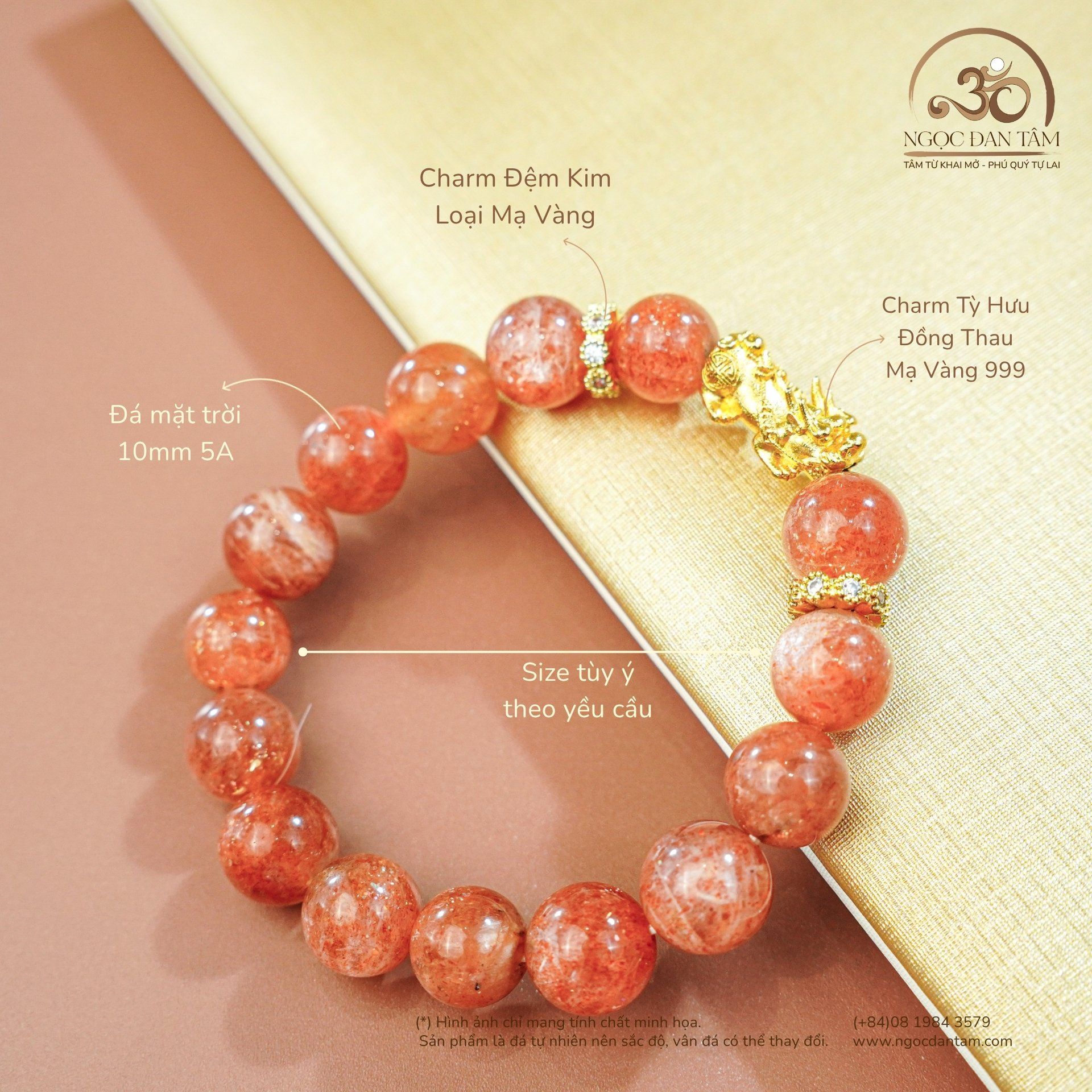  Vòng Tay Đá Mặt Trời 10mm 5A Phối Charm Tỳ Hưu 