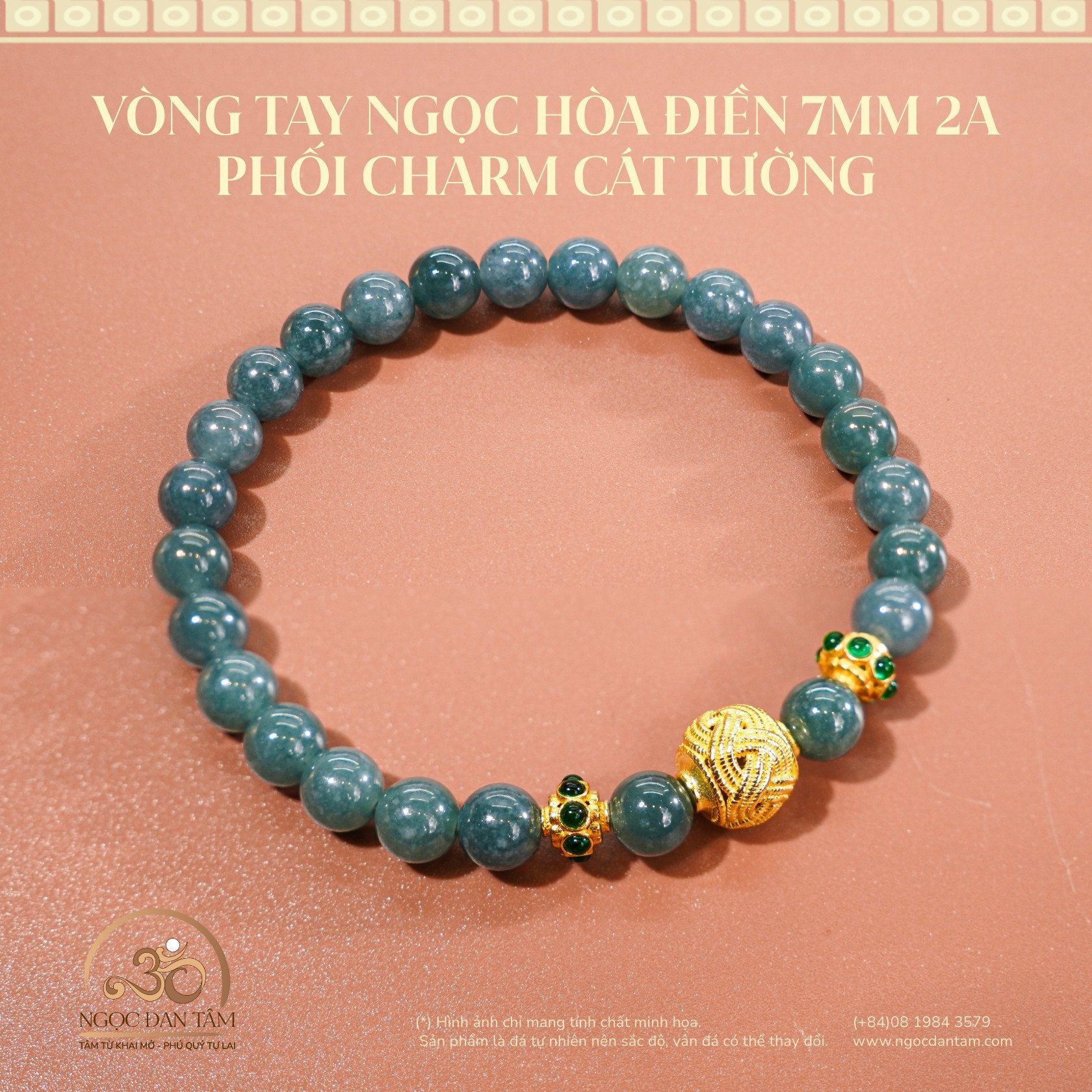  Vòng Tay Ngọc Hòa Điền 7mm 2A Phối Charm Cát Tường 