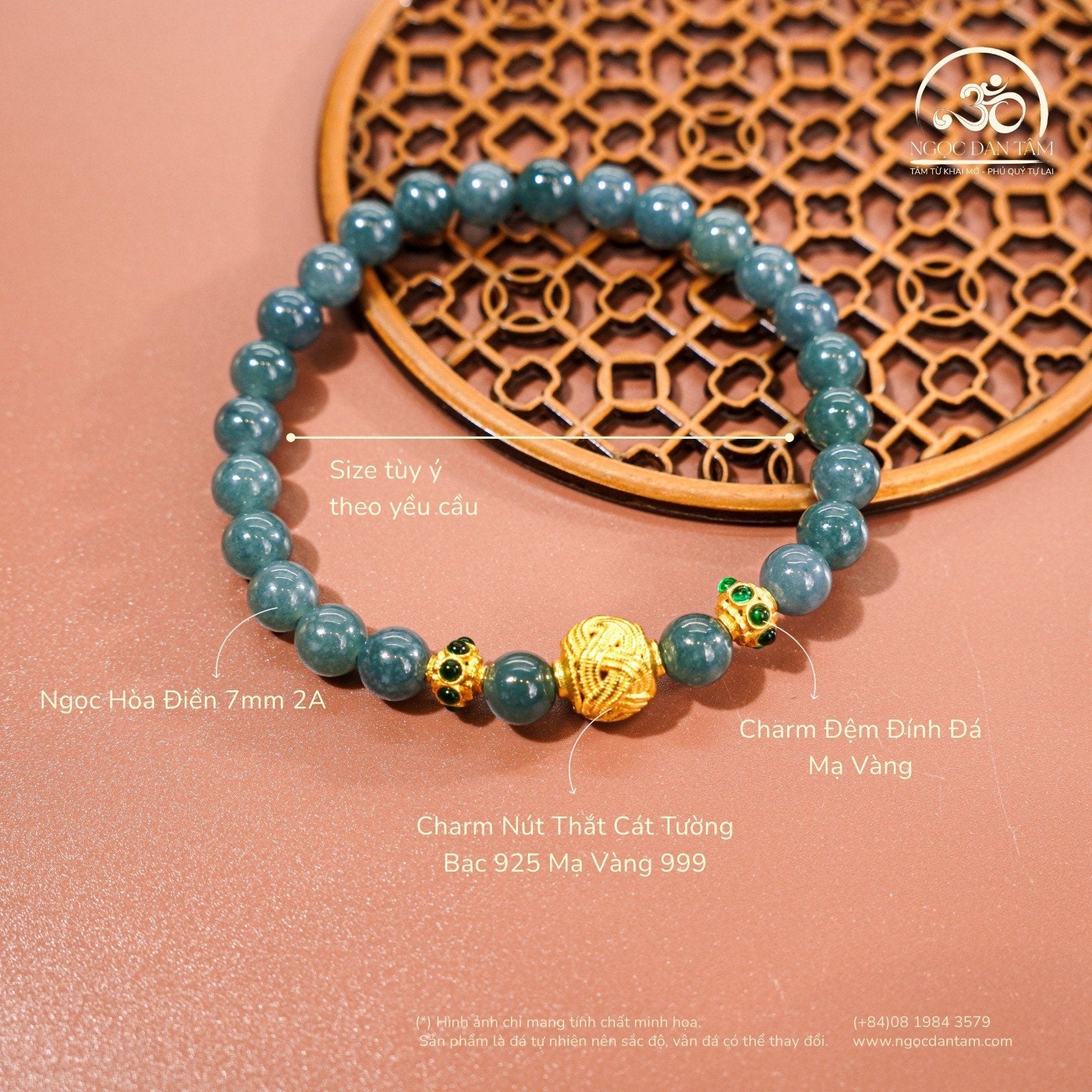  Vòng Tay Ngọc Hòa Điền 7mm 2A Phối Charm Cát Tường 