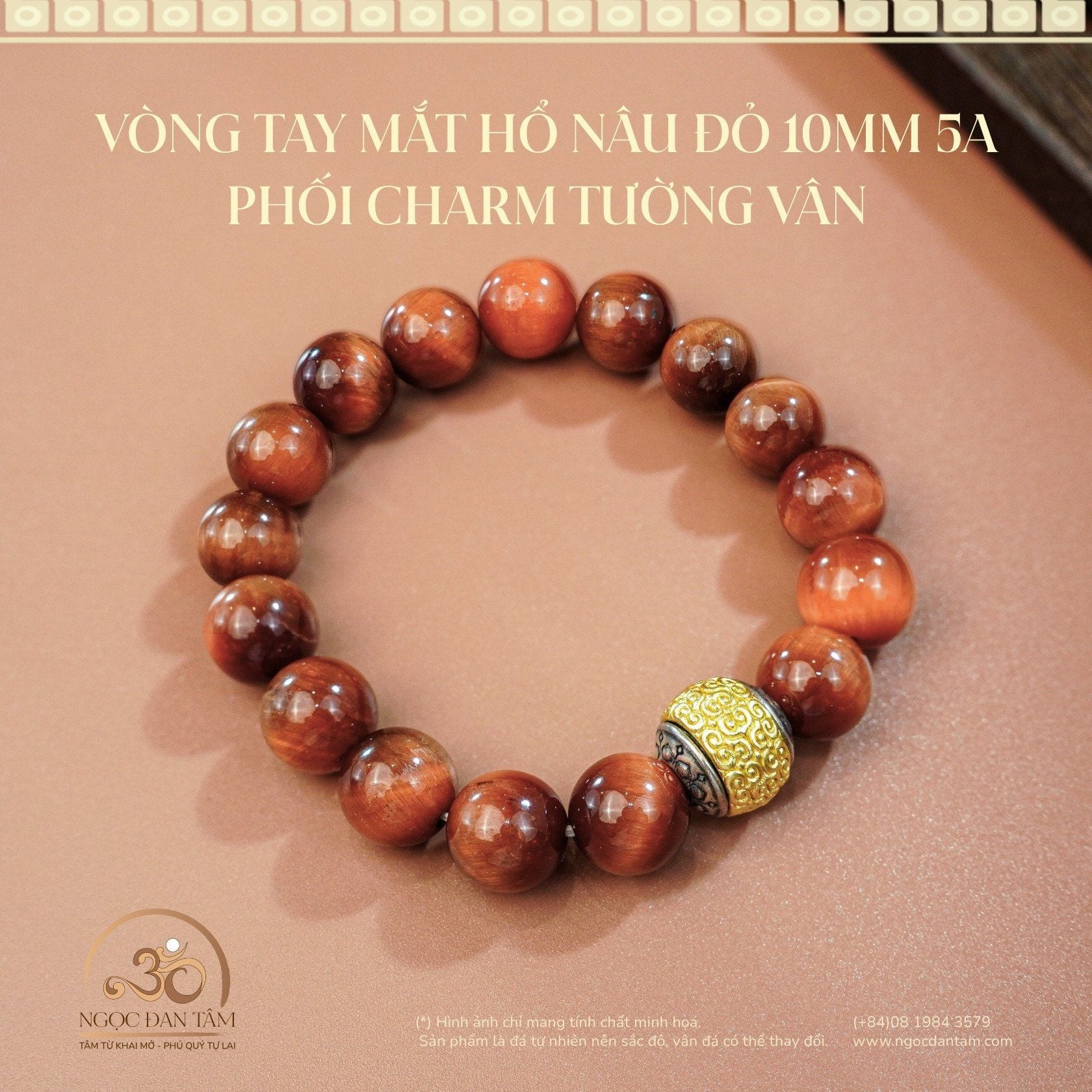  Vòng Tay Đá Mắt Hổ Nâu Đỏ 10mm 5A Phối Charm Tường Vân 