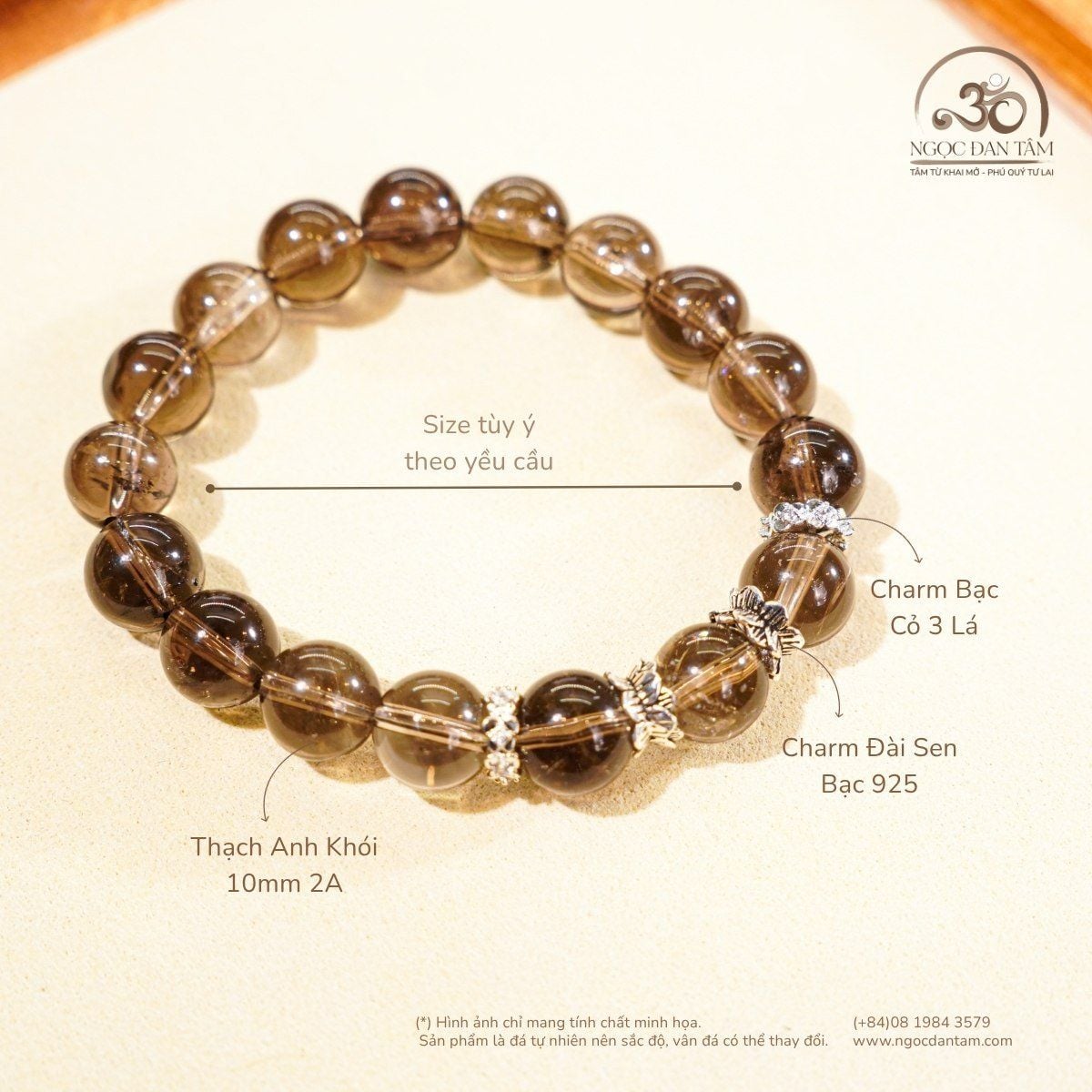  Vòng Tay Thạch Anh Khói 10mm 2A Phối Charm Bạc 