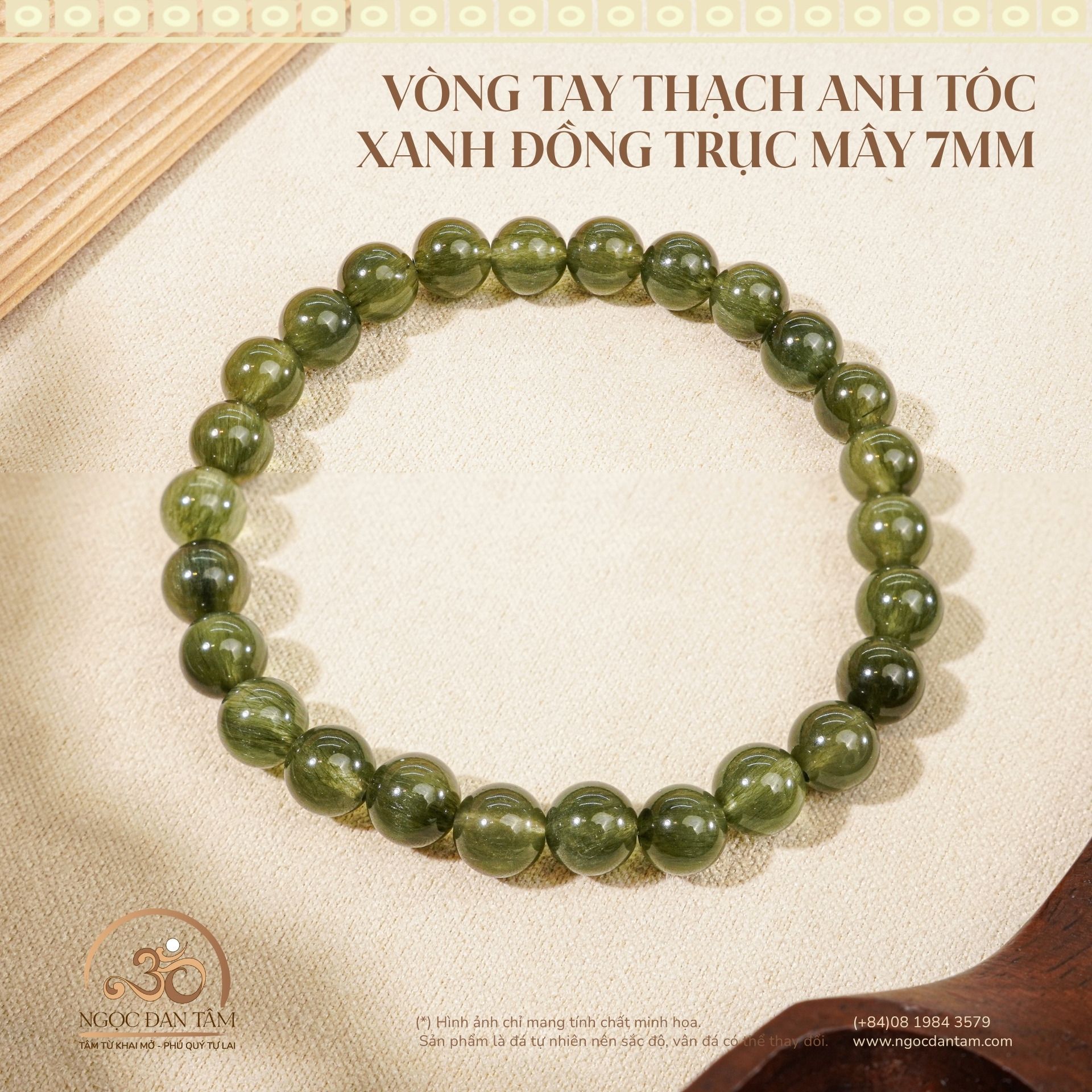  Vòng Tay Thạch Anh Tóc Xanh Đồng Trục Mây 7mm 