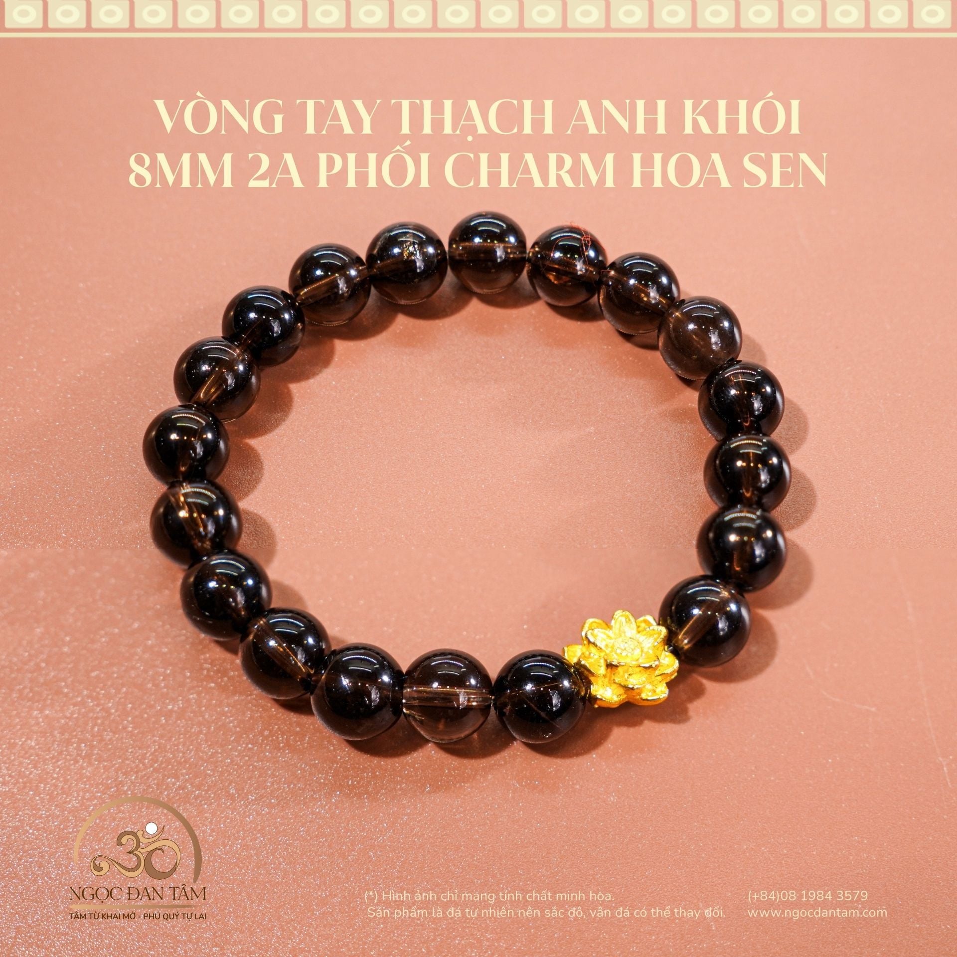  Vòng Tay Thạch Anh Khói 8mm 2A Phối Charm Hoa Sen 
