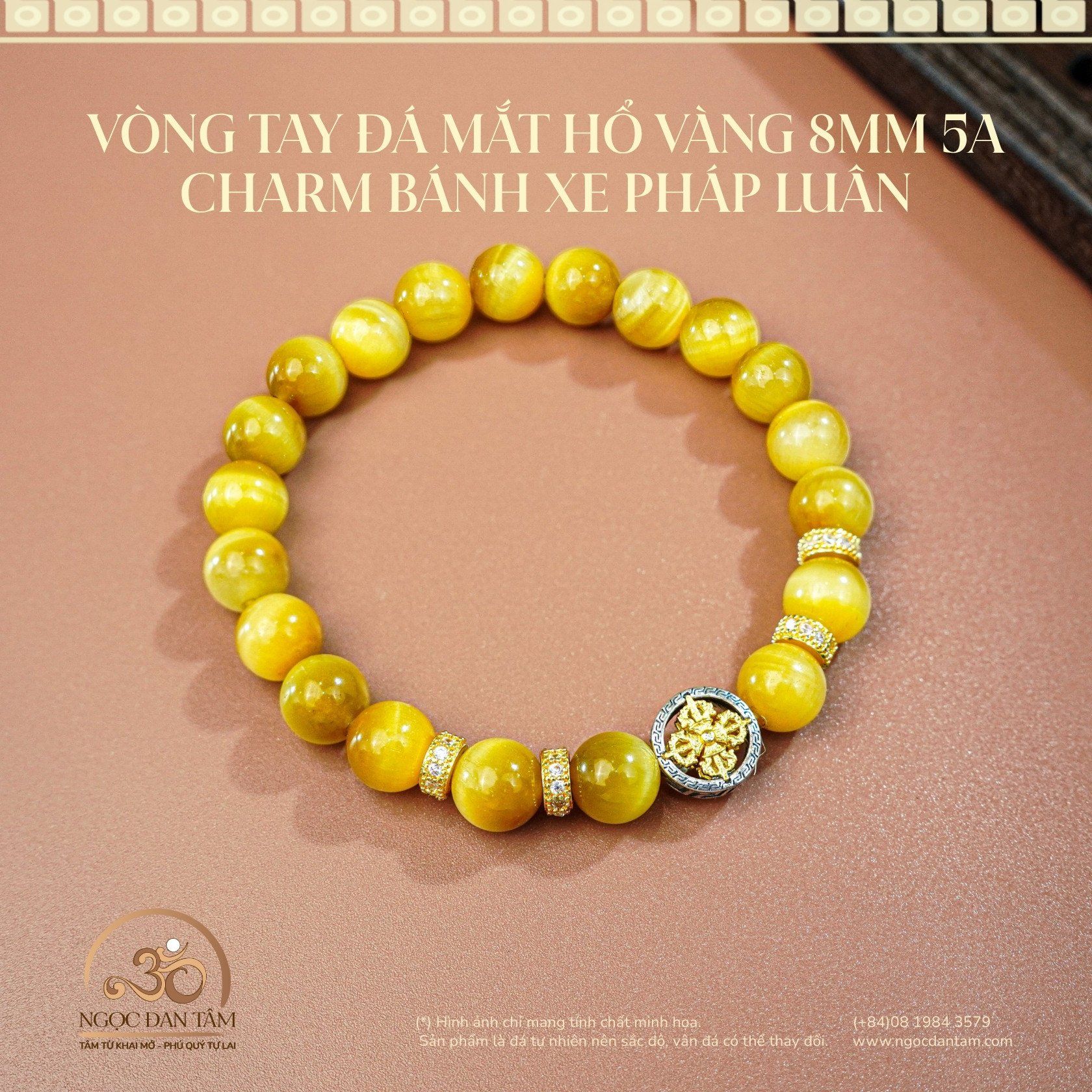  Vòng Tay Đá Mắt Hổ Vàng 8mm 5A Charm Bánh Xe Pháp luân 