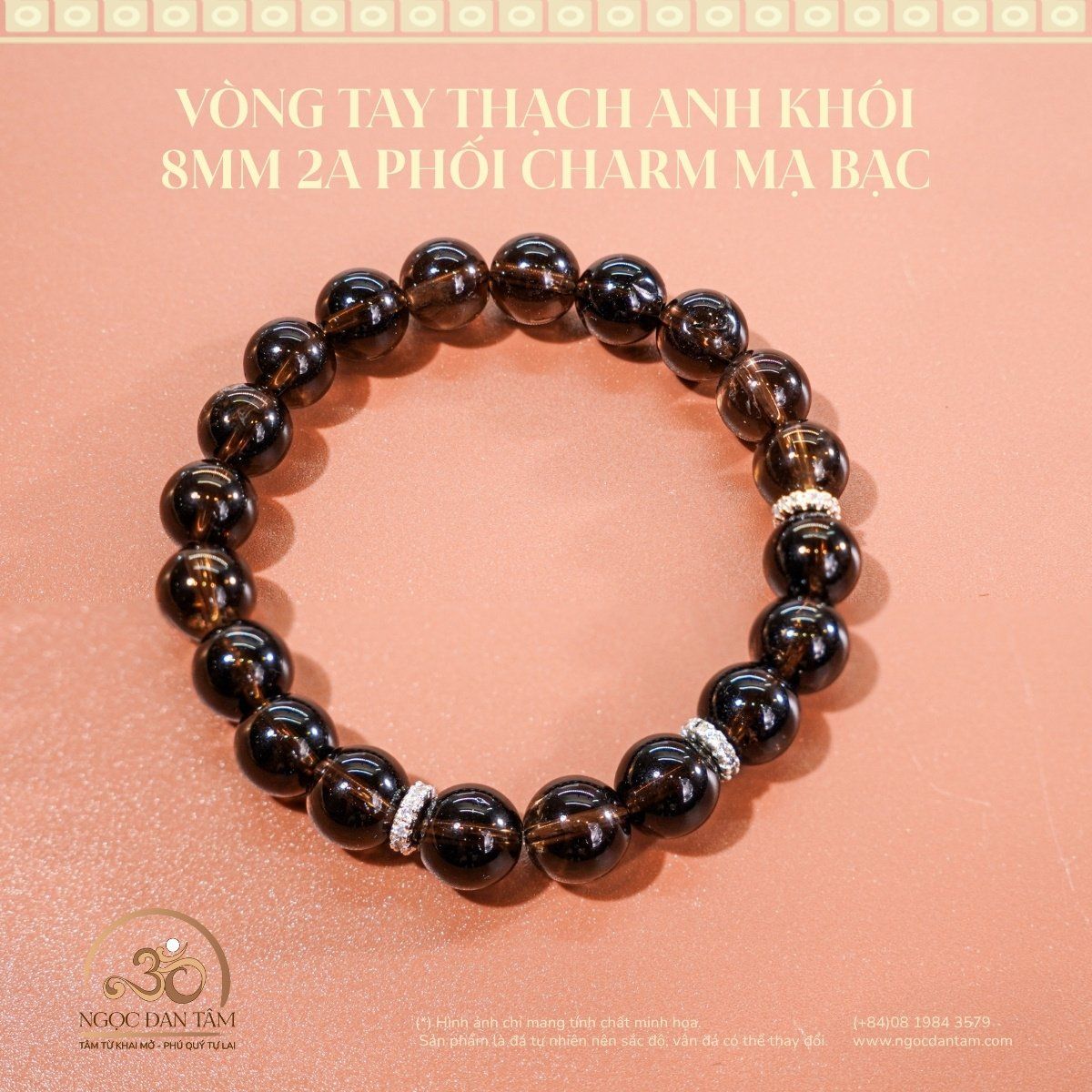  Vòng Tay Thạch Anh Khói 8mm 2A Phối Charm Mạ Bạc 
