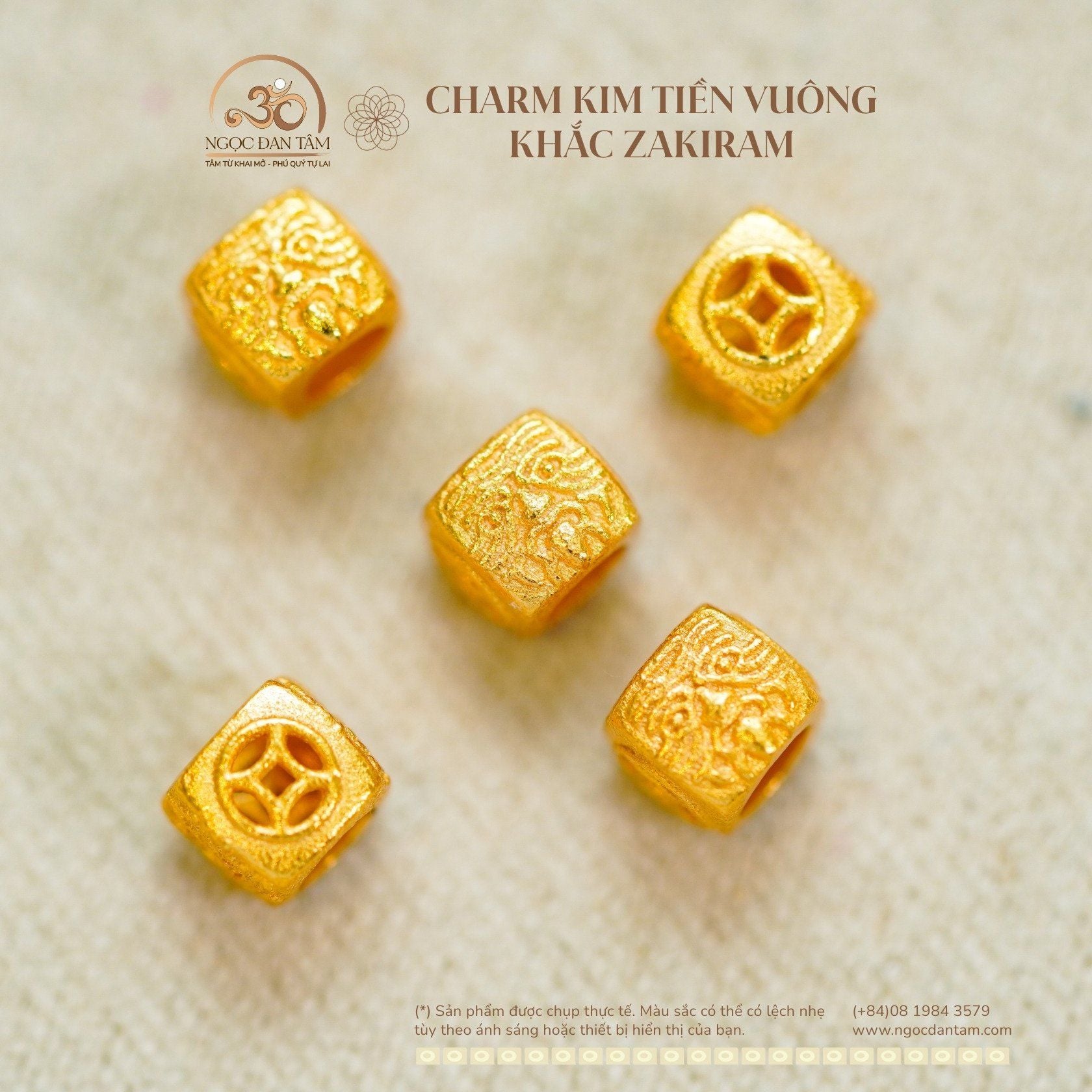  Charm Kim Tiền Vuông Khắc Zakiram 3.72mm - Charm Bạc 925 Mạ Vàng Cao Cấp 