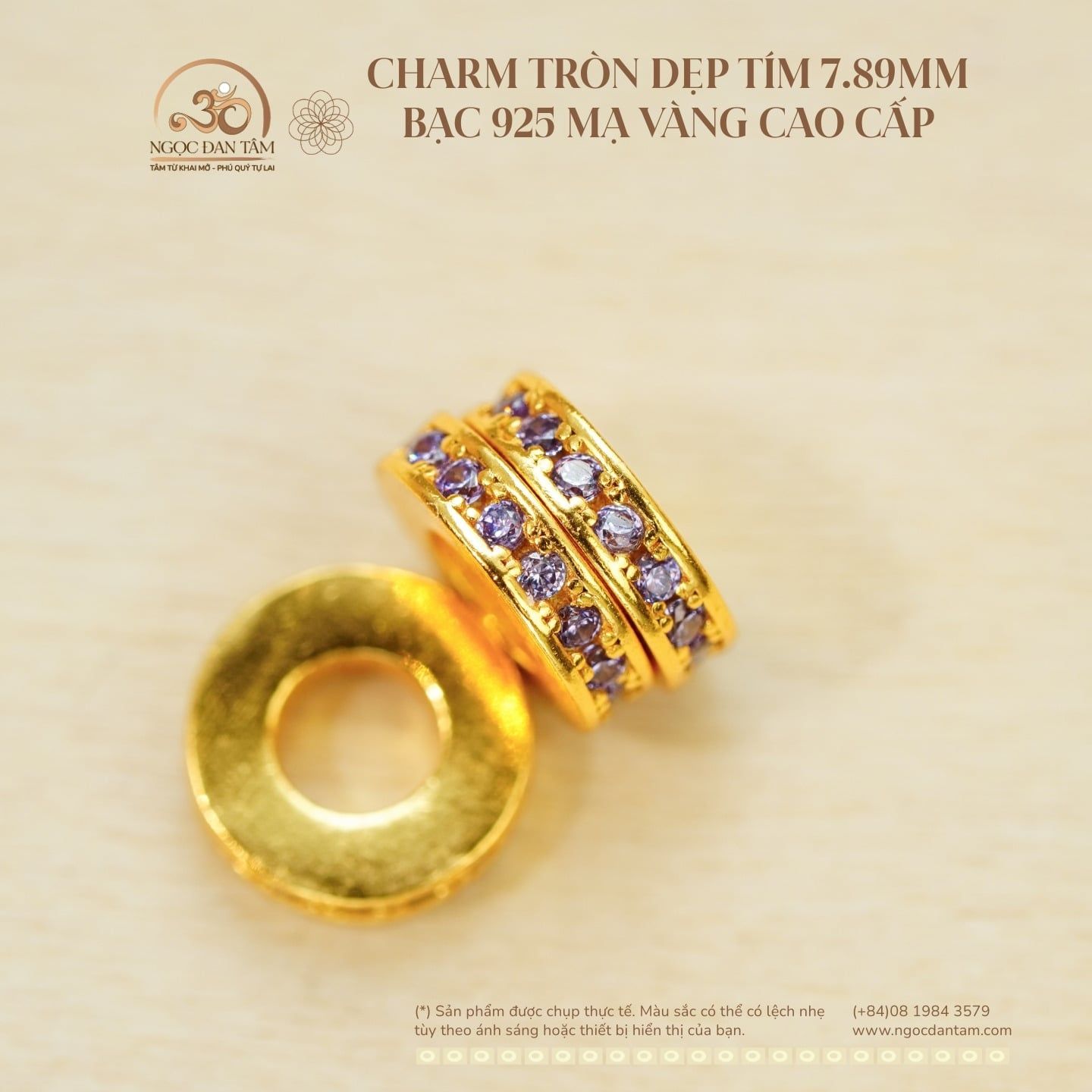  Charm Tròn Dẹp Tím  7.89mm - Bạc 925 Mạ Vàng Cao Cấp 