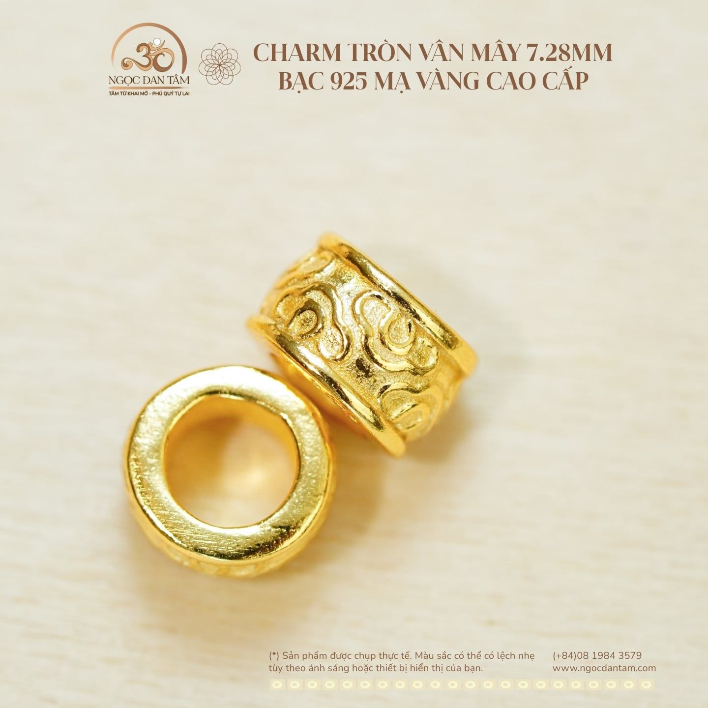  Charm Tròn Vân Mây 7.28mm - Bạc 925 Mạ Vàng Cao Cấp 
