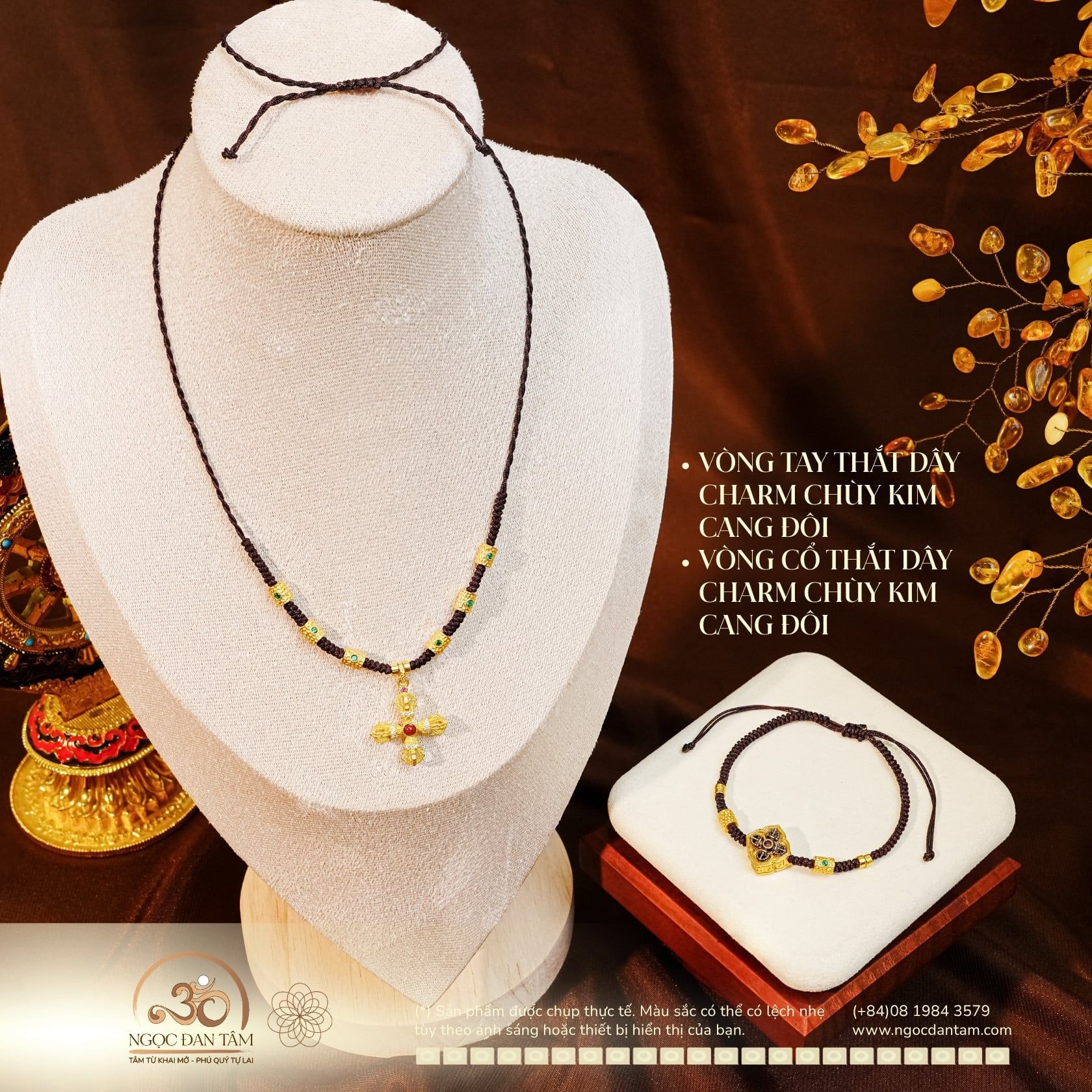  Vòng Tay + Vòng Cổ Thắt Dây Charm Chùy Kim Cang Đôi Bạc 925 Mạ Vàng Cao Cấp 