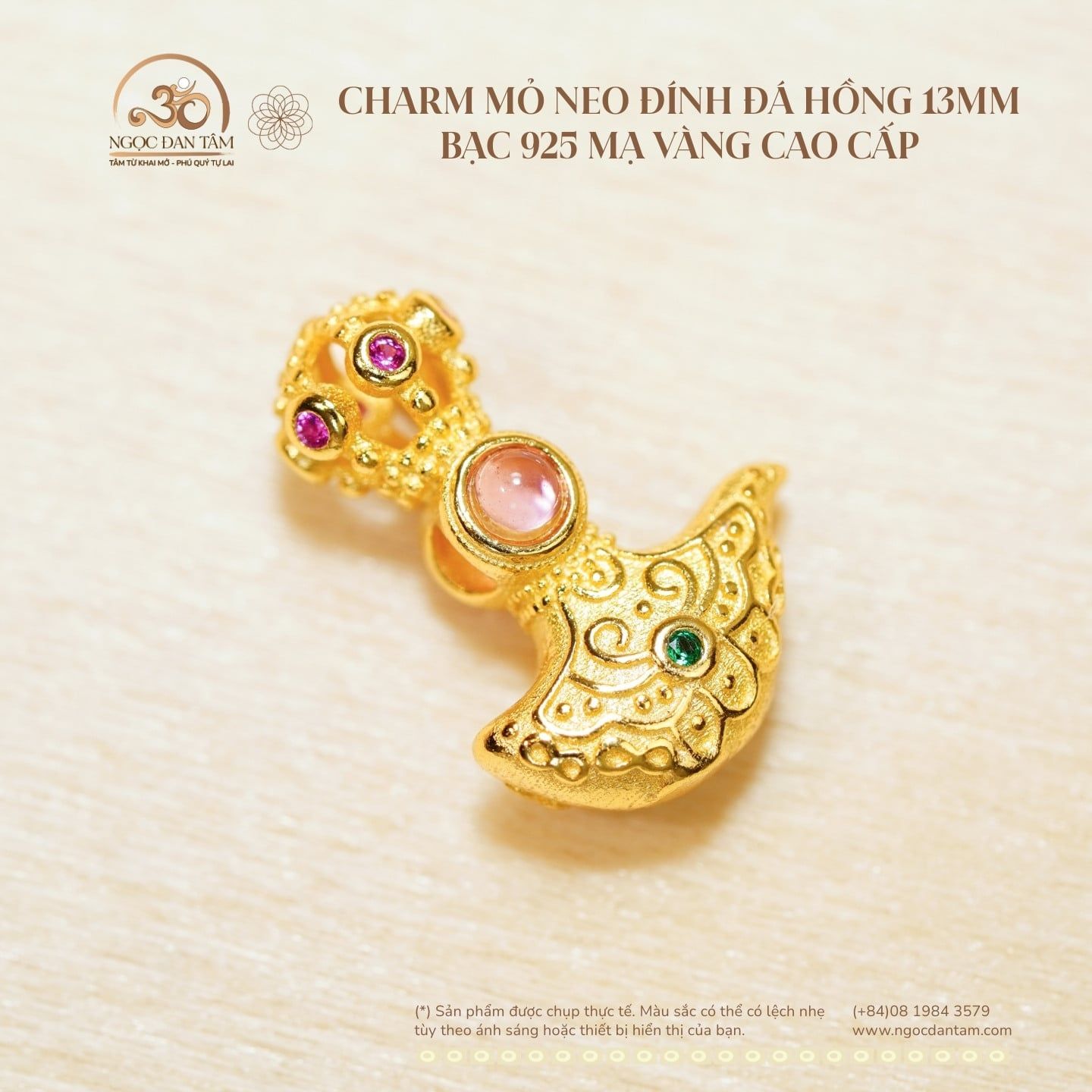  Charm Mỏ Neo Đính Đá Hồng 13mm - Bạc 925 Mạ Vàng Cao Cấp 