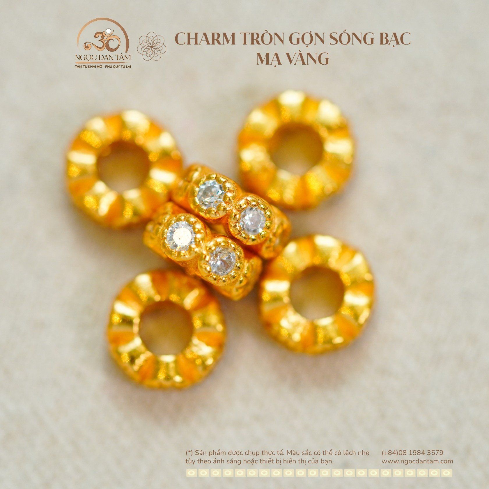  Charm Tròn Gợn Sóng Bạc Mạ Vàng 6mm - Bạc 925 Mạ Vàng Cao 