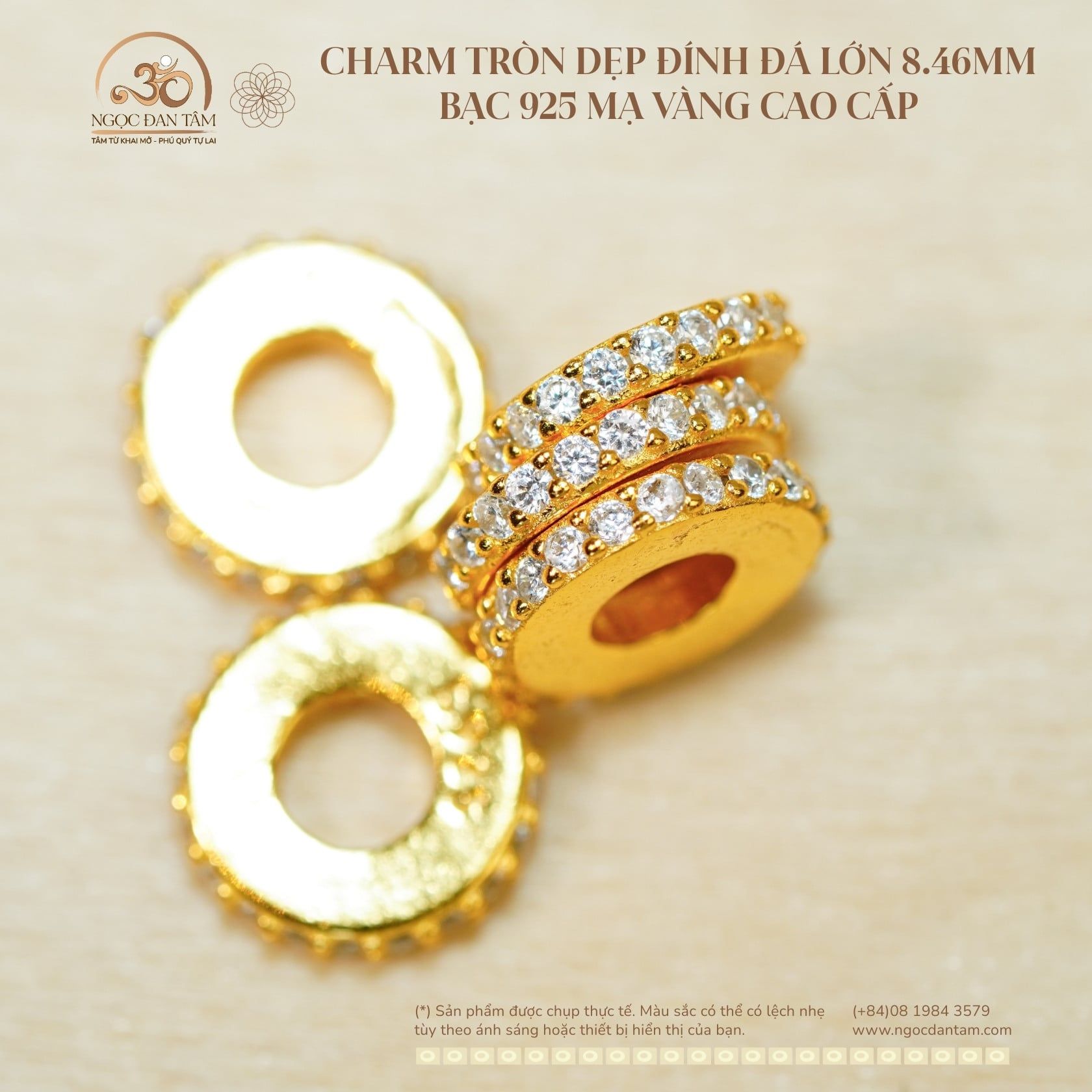  Charm Tròn Dẹp Đính Đá Lớn 8.46mm - Bạc 925 Mạ Vàng Cao Cấp 