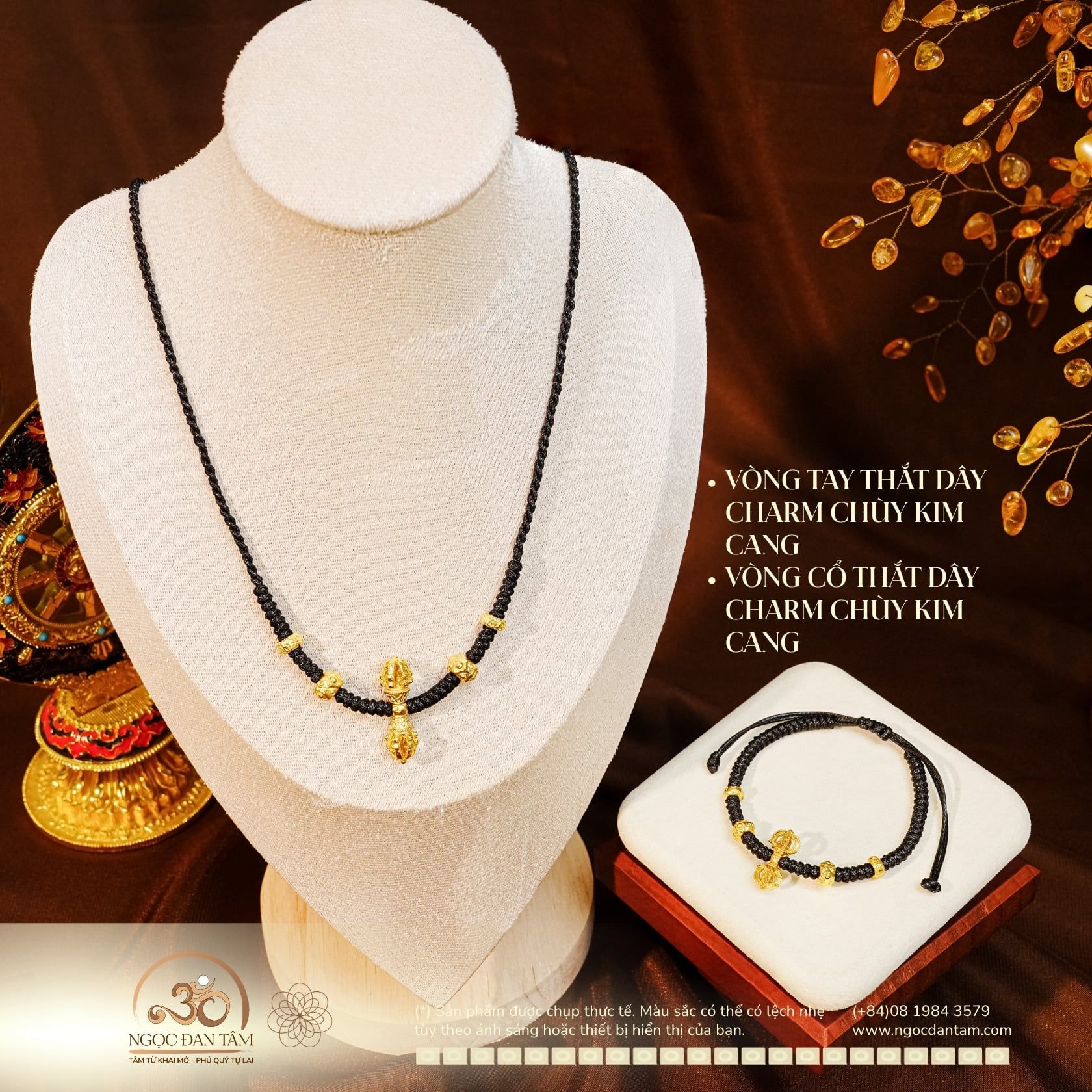  Vòng Tay + Vòng Cổ Thắt Dây Charm Chùy Kim Cang Bạc 925 Mạ Vàng Cao Cấp 
