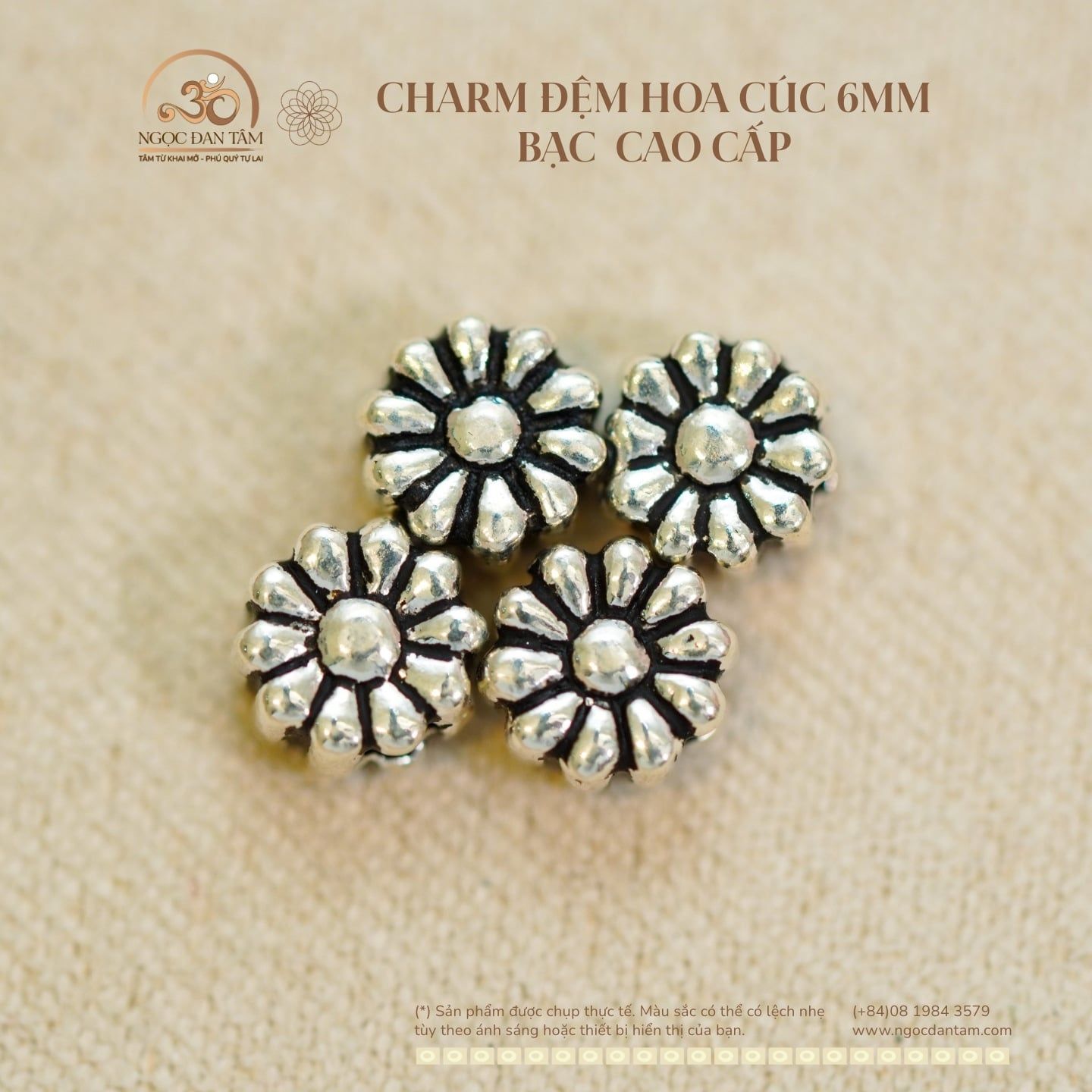  Charm Đệm Hoa Cúc 6mm - Bạc Cao Cấp 