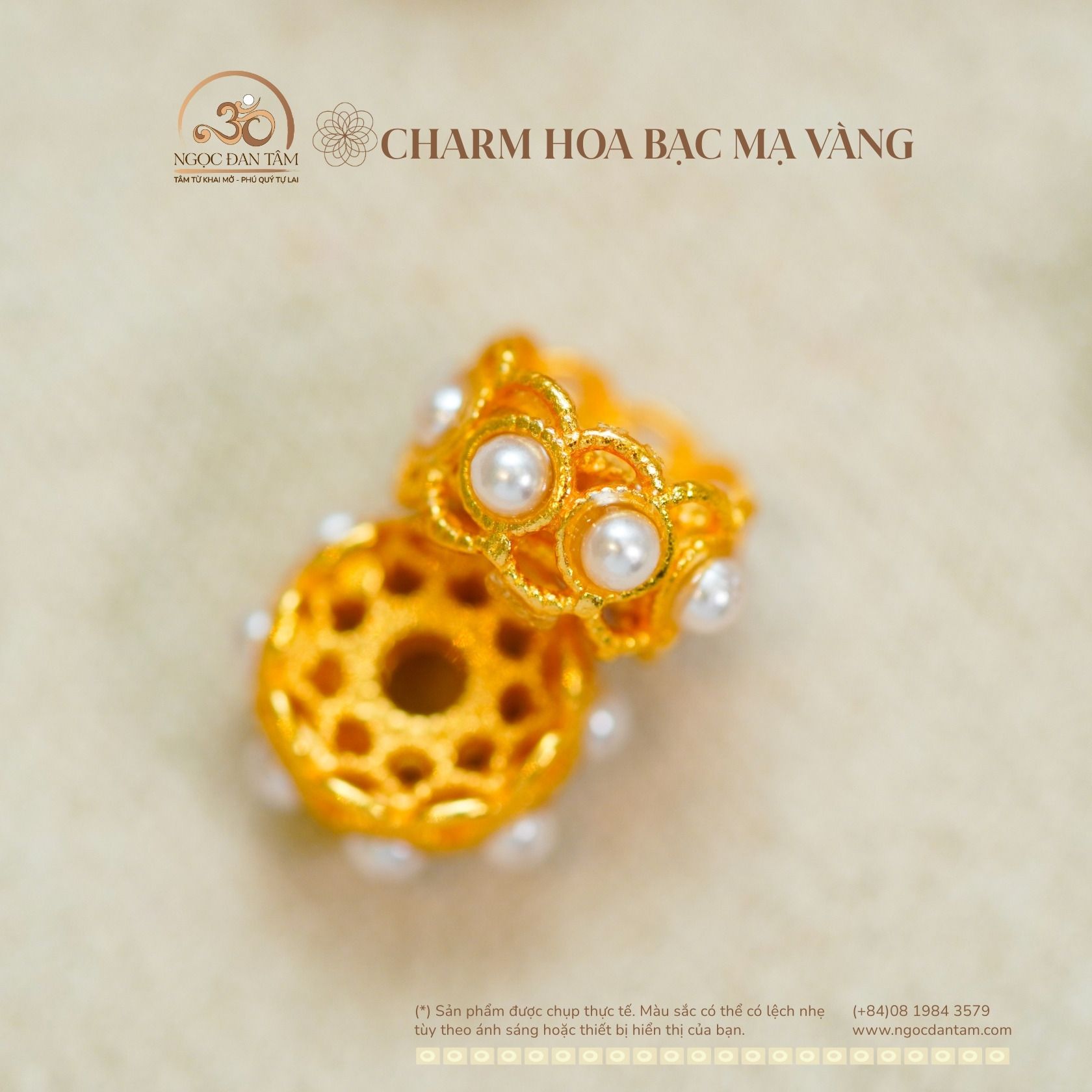  Charm Hoa bạc mạ vàng 8,86mm - Bạc 925 Mạ Vàng Cao 