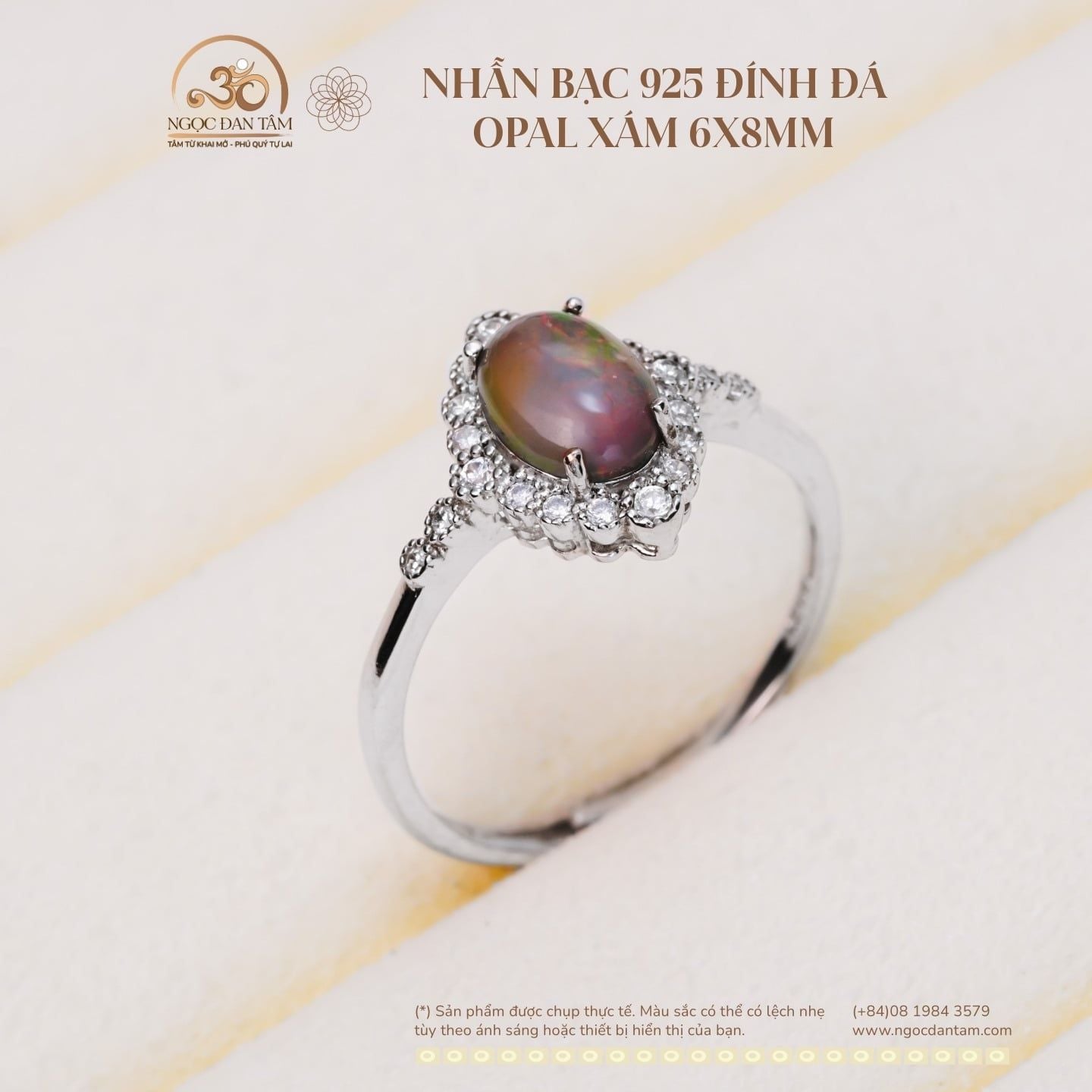  Nhẫn Bạc 925 Đính Đá Opal Xám 6x8mm 